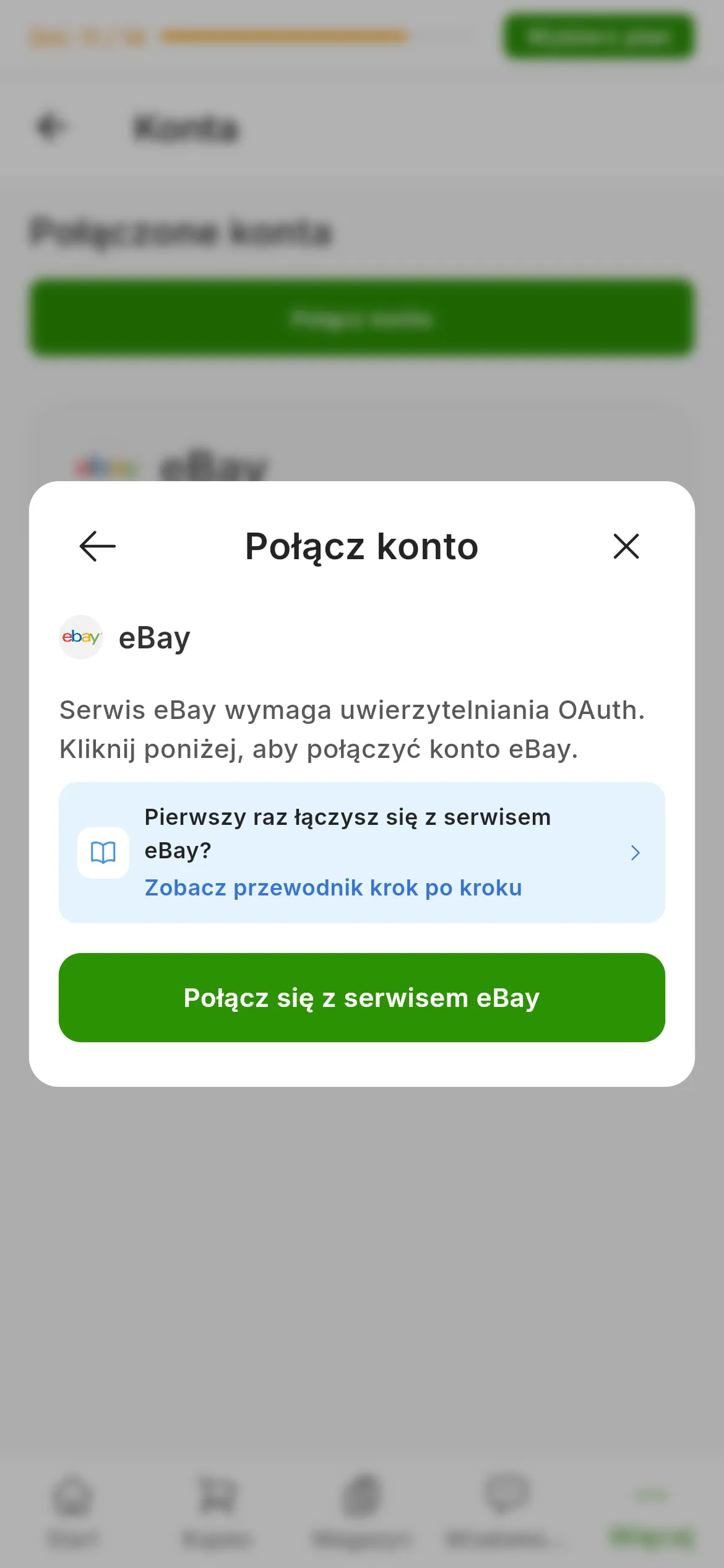 Okno łączenia z eBay w RUIT: wyjaśnienie, że serwis eBay wymaga uwierzytelniania OAuth, link do tego przewodnika i przycisk Połącz się z serwisem eBay