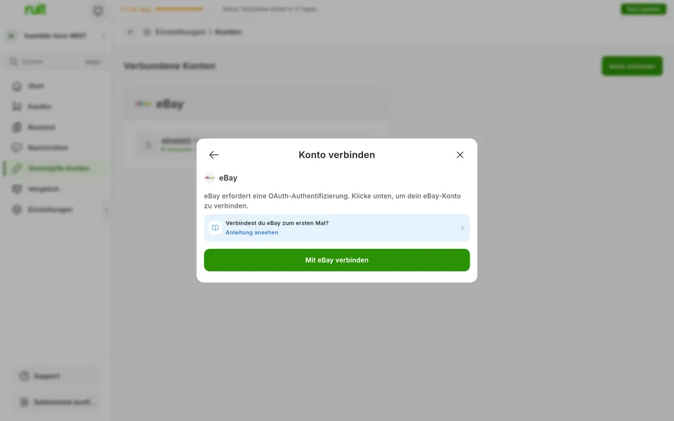 Bildschirm der Ruit-App zum Verbinden eines eBay-Kontos