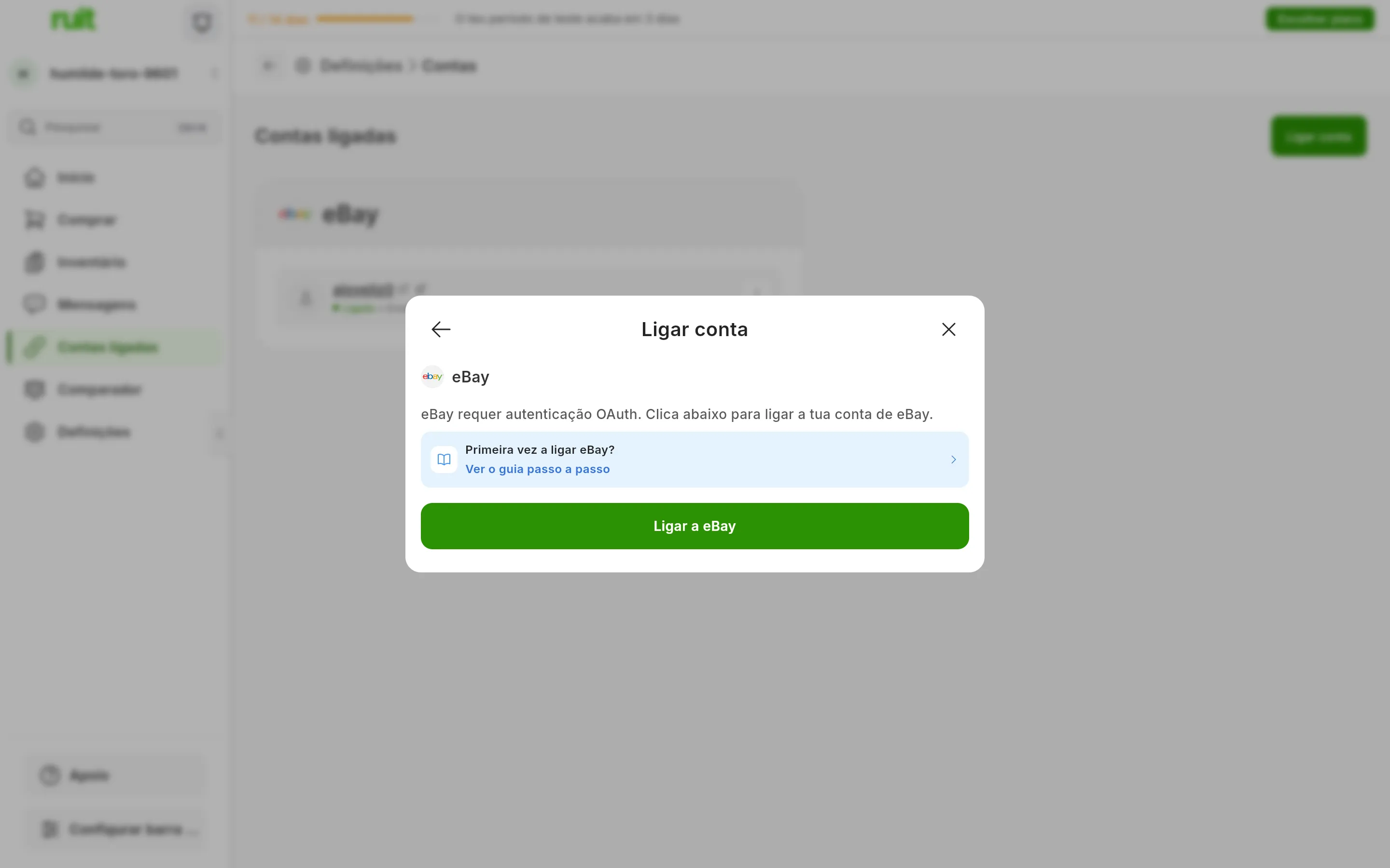 A janela de ligar o eBay no RUIT: a explicação de que o eBay requer autenticação OAuth, o atalho para este guia e o botão Ligar a eBay