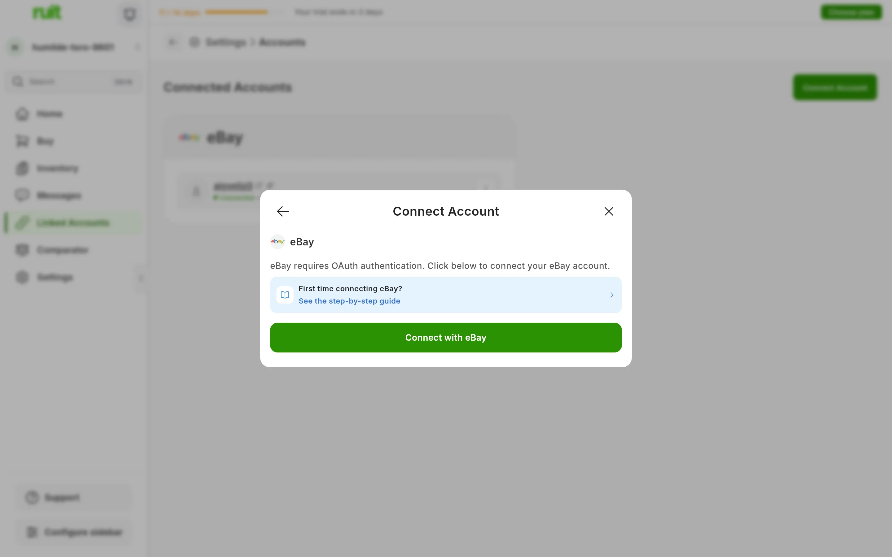The dialog for connecting eBay in RUIT: the explanation that eBay requires OAuth authentication, the link to this guide and the Connect with eBay button