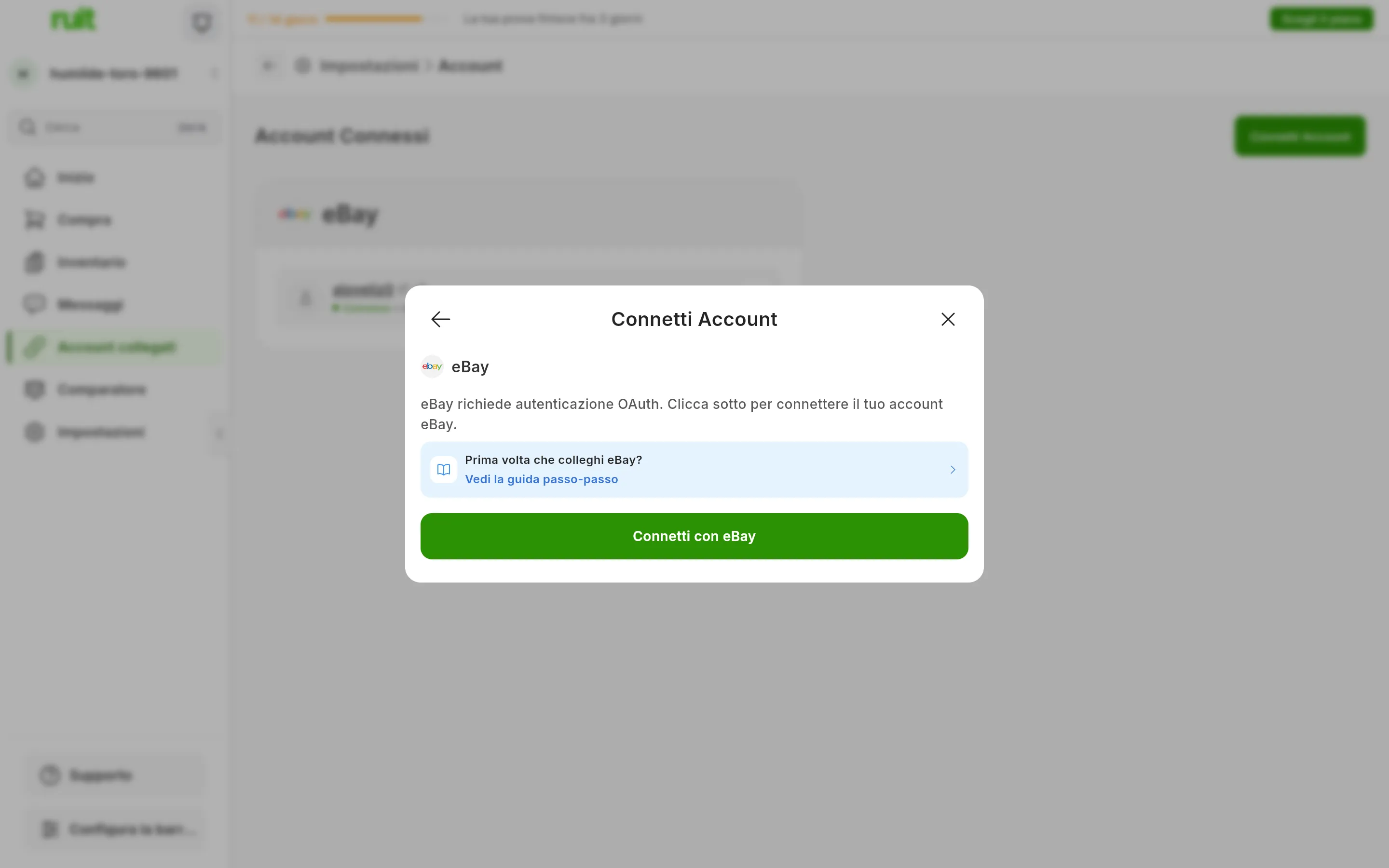 La finestra per collegare eBay in RUIT: la spiegazione che eBay richiede l'autenticazione OAuth, il link a questa guida e il pulsante per connettersi con eBay