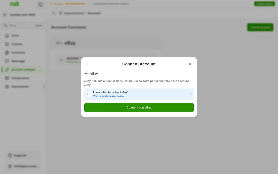 Schermata dell'app Ruit per collegare un account eBay