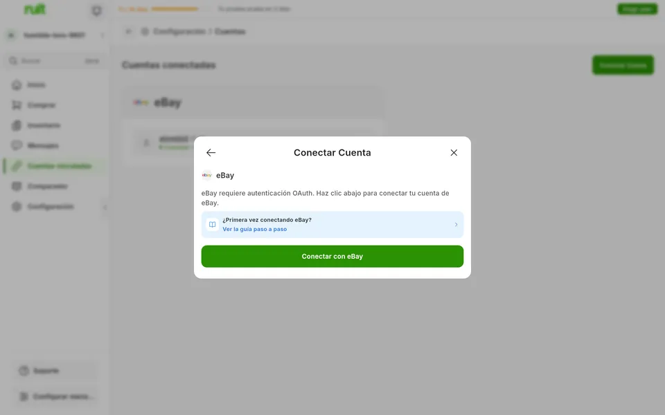 Pantalla de la app de Ruit para conectar una cuenta de eBay