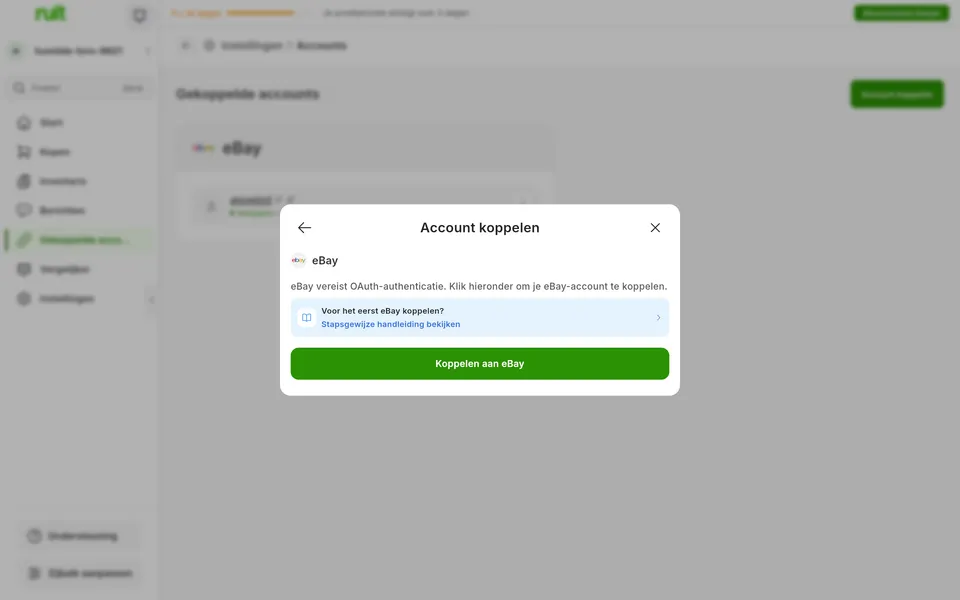 Scherm van de Ruit-app om een eBay-account te koppelen