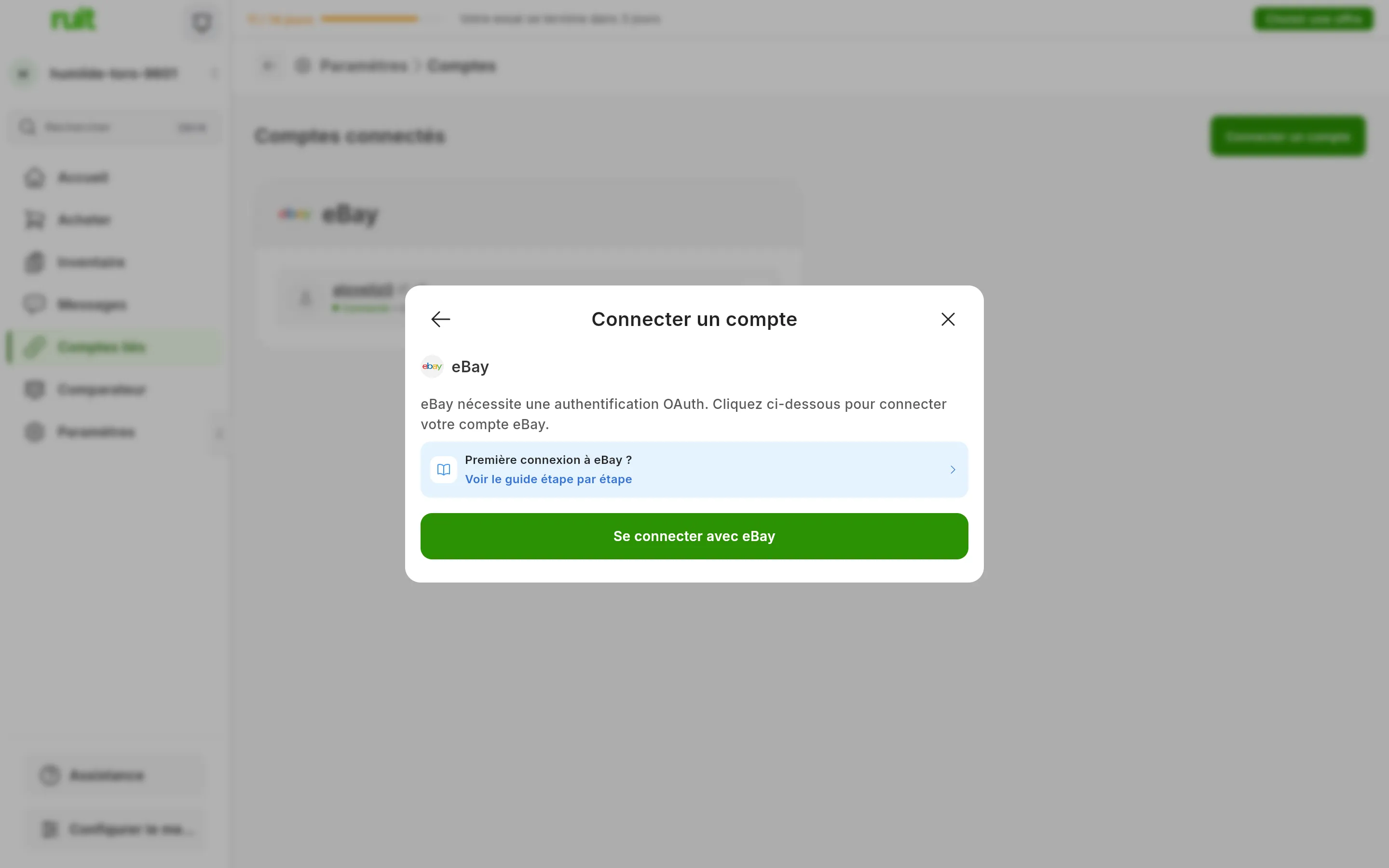 La fenêtre de connexion à eBay dans RUIT : l'explication selon laquelle eBay nécessite une authentification OAuth, le lien vers ce guide et le bouton pour se connecter avec eBay
