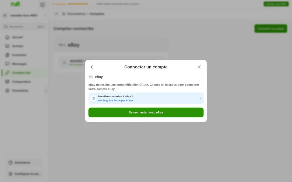 Écran de l'app Ruit pour connecter un compte eBay