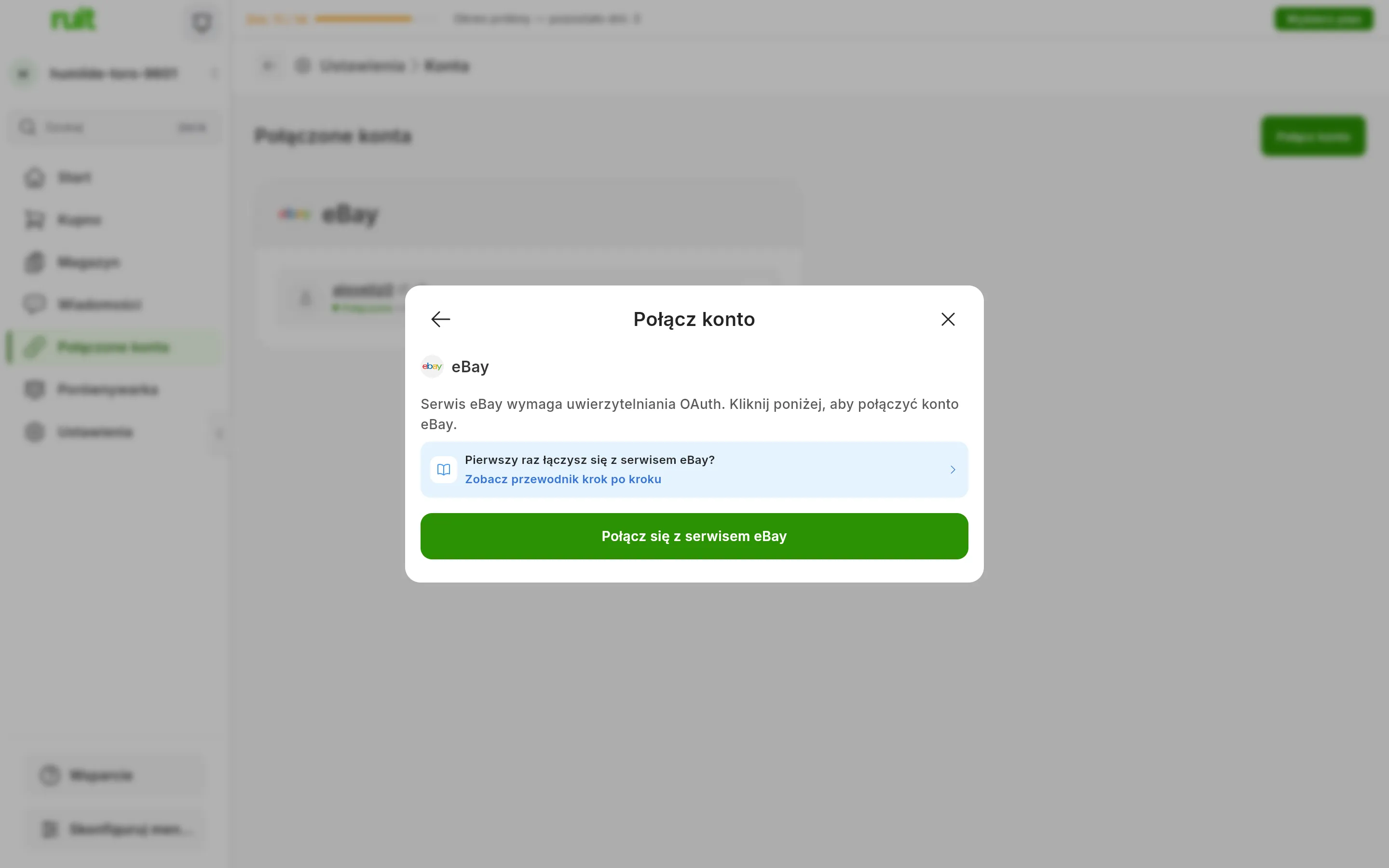 Okno łączenia z eBay w RUIT: wyjaśnienie, że serwis eBay wymaga uwierzytelniania OAuth, link do tego przewodnika i przycisk Połącz się z serwisem eBay