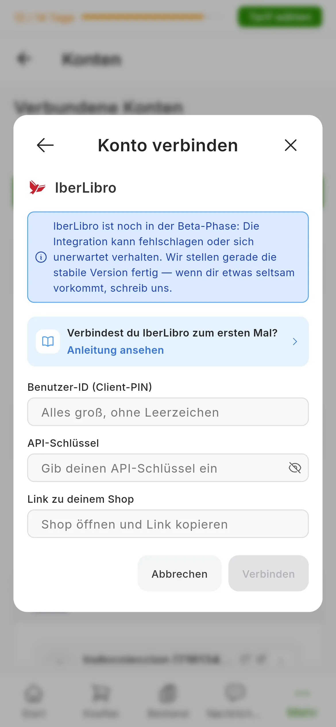 Der Dialog zum Verbinden von IberLibro in RUIT: der Hinweis, dass IberLibro in der Beta-Phase ist, der Link zu dieser Anleitung, die Felder für Benutzer-ID, API-Schlüssel und Shop-Link und die Schaltflächen Abbrechen und Verbinden