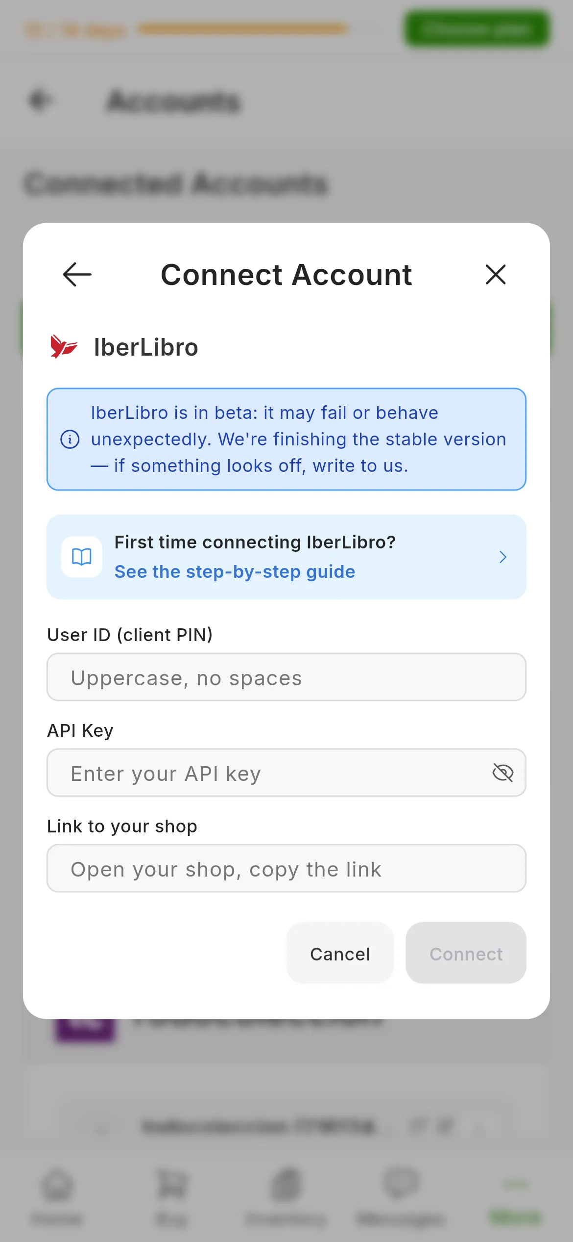 The dialog for connecting IberLibro in RUIT: the notice that IberLibro is in beta, the link to this guide, the user ID, API key and shop link fields, and the cancel and connect buttons