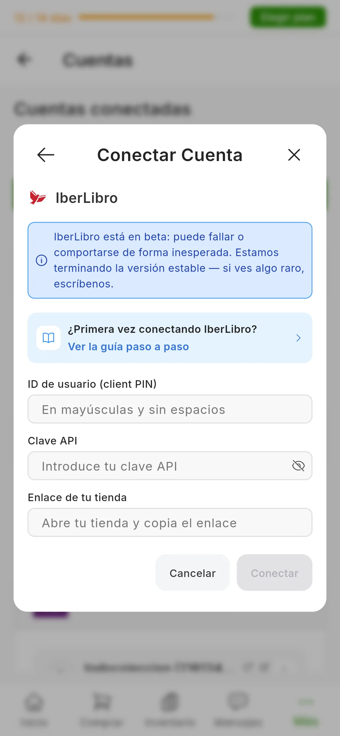 El diálogo de conectar IberLibro en RUIT: el aviso de que IberLibro está en beta, el enlace a esta guía, los campos del ID de usuario, la clave API y el enlace de la tienda, y los botones de cancelar y conectar
