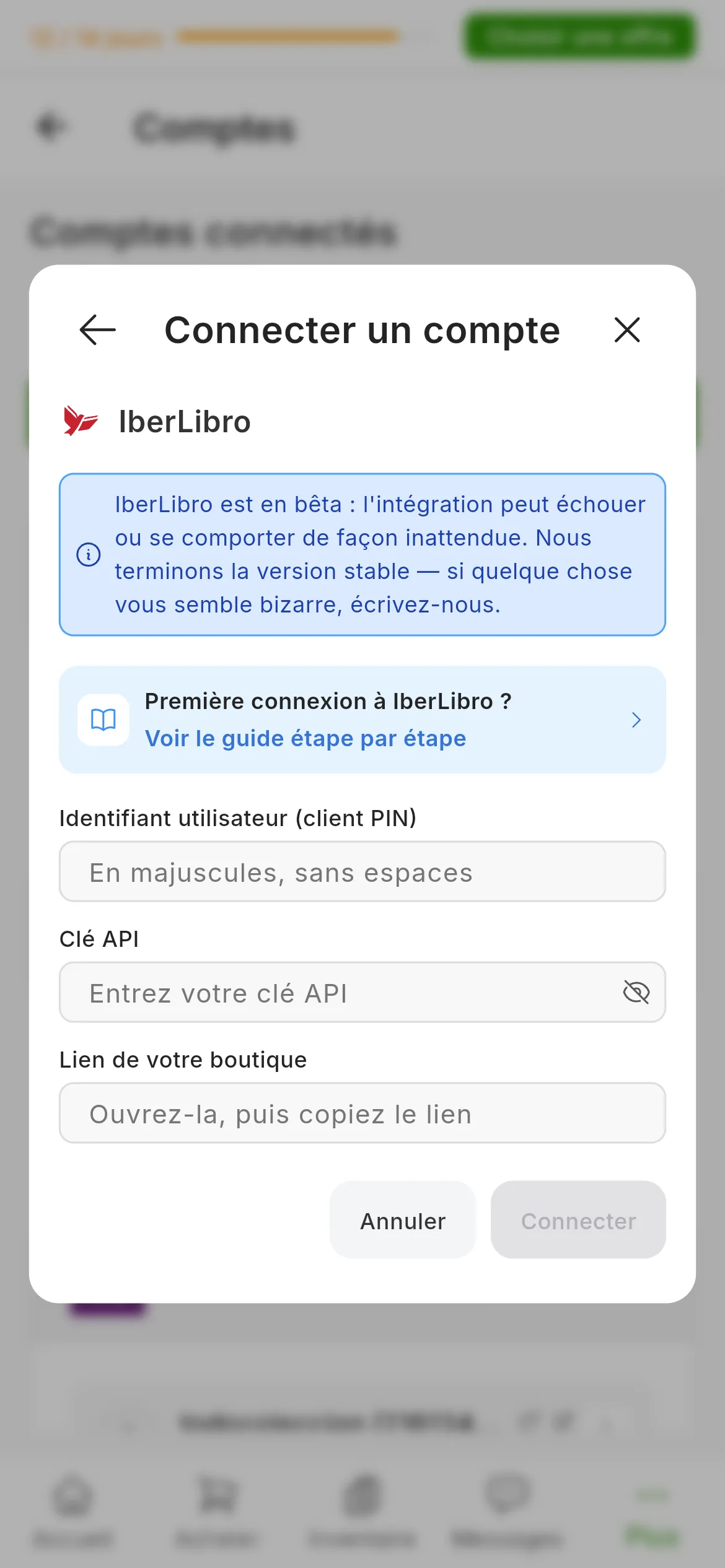 La fenêtre de connexion à IberLibro dans RUIT : l'avertissement indiquant qu'IberLibro est en bêta, le lien vers ce guide, les champs de l'identifiant utilisateur, de la clé API et du lien de la boutique, et les boutons pour annuler et connecter