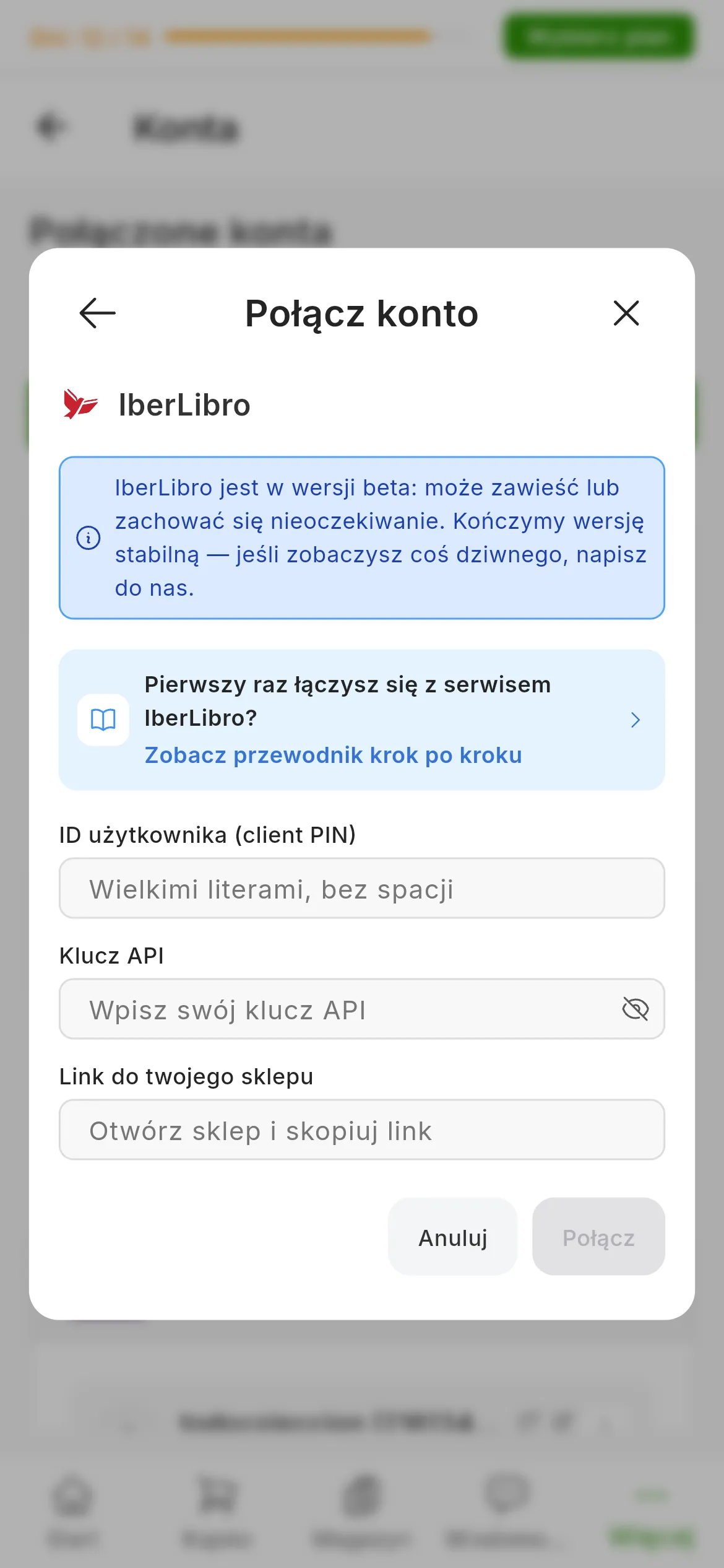 Okno łączenia z IberLibro w RUIT: informacja, że IberLibro jest w wersji beta, link do tego przewodnika, pola ID użytkownika, klucza API i linku do sklepu oraz przyciski anulowania i łączenia