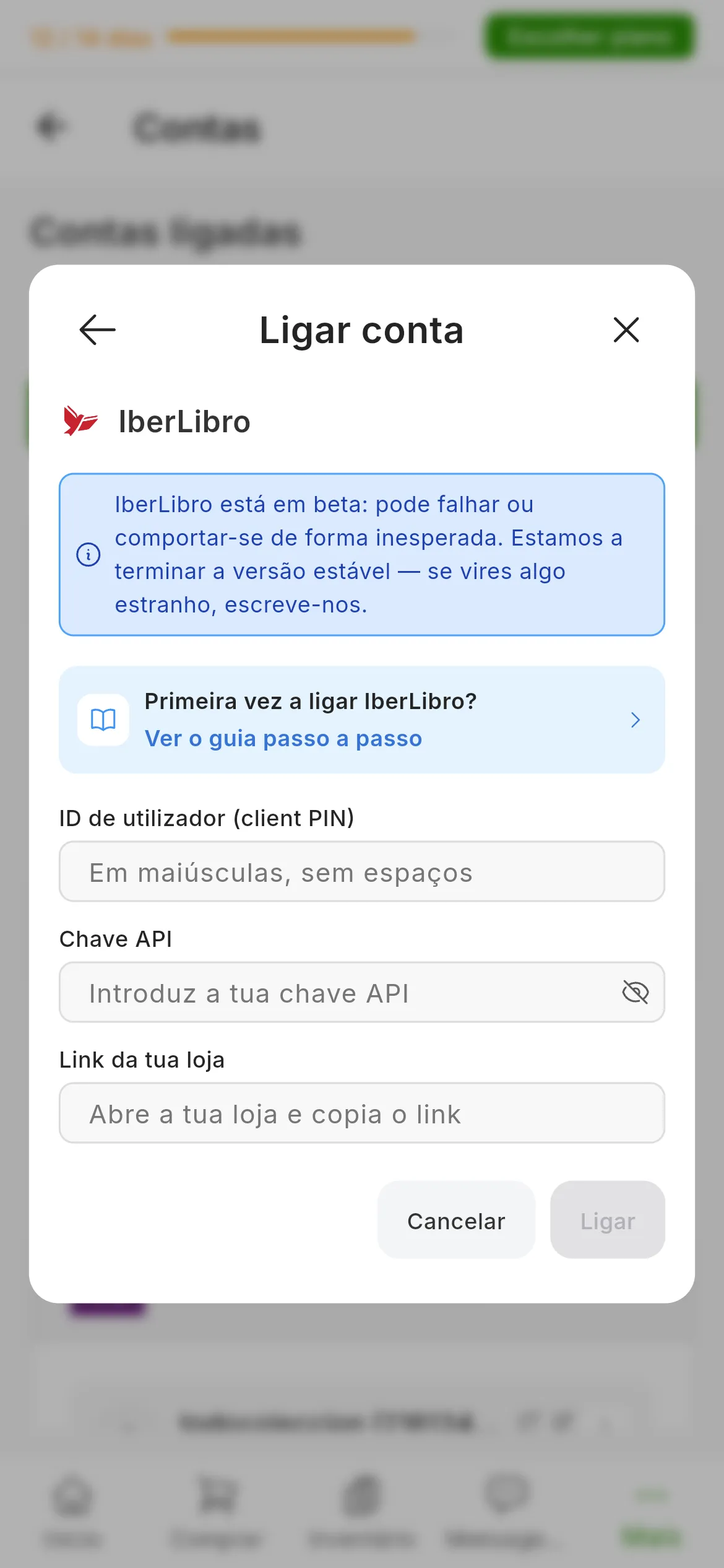 A janela de ligar o IberLibro no RUIT: o aviso de que o IberLibro está em beta, o atalho para este guia, os campos do ID de utilizador, da chave API e do link da loja, e os botões de cancelar e ligar