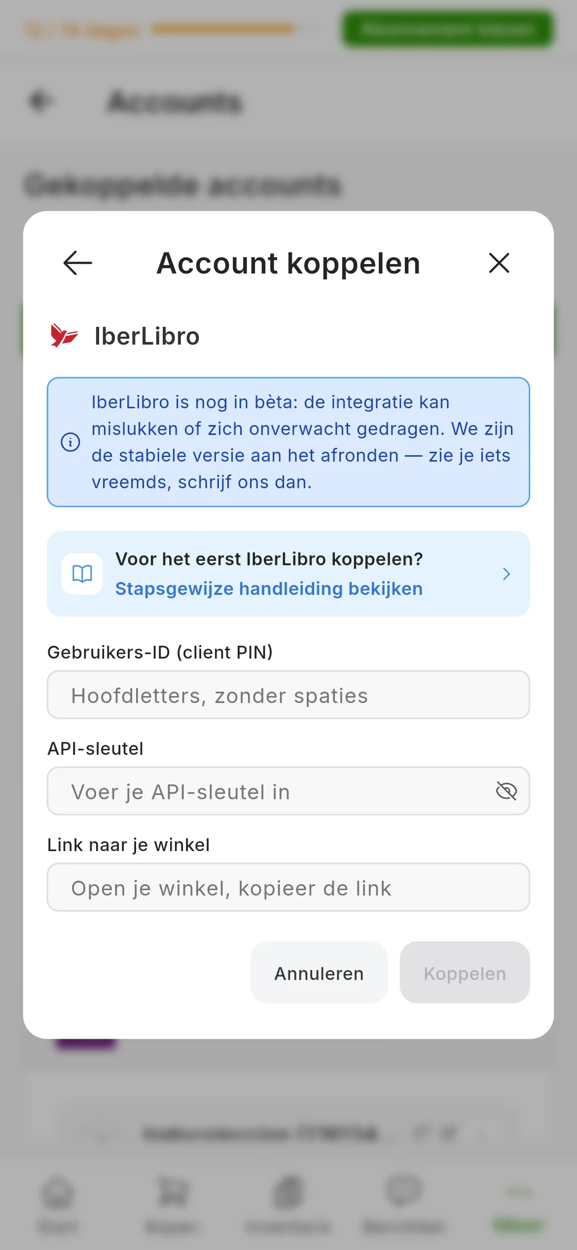 Het venster om IberLibro te koppelen in RUIT: de melding dat IberLibro in bèta is, de link naar deze handleiding, de velden voor de gebruikers-ID, de API-sleutel en de link naar de winkel, en de knoppen om te annuleren en te koppelen
