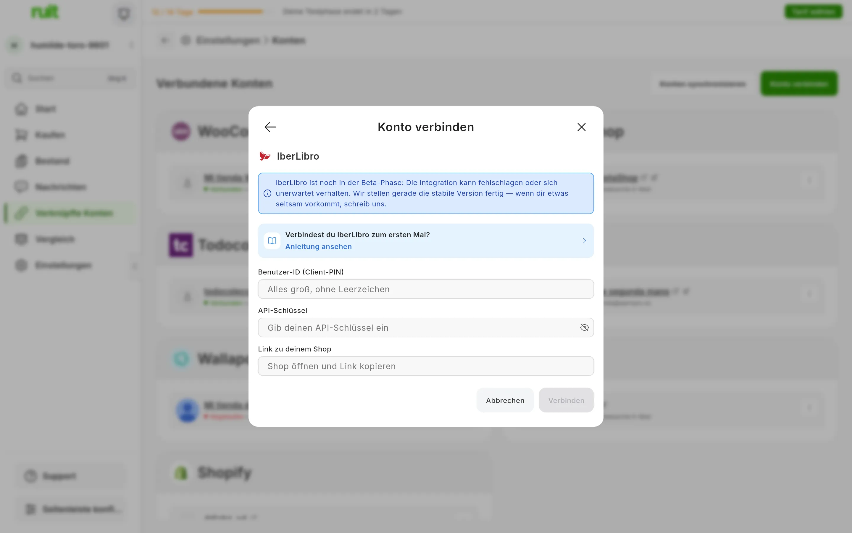 Der Dialog zum Verbinden von IberLibro in RUIT: der Hinweis, dass IberLibro in der Beta-Phase ist, der Link zu dieser Anleitung, die Felder für Benutzer-ID, API-Schlüssel und Shop-Link und die Schaltflächen Abbrechen und Verbinden