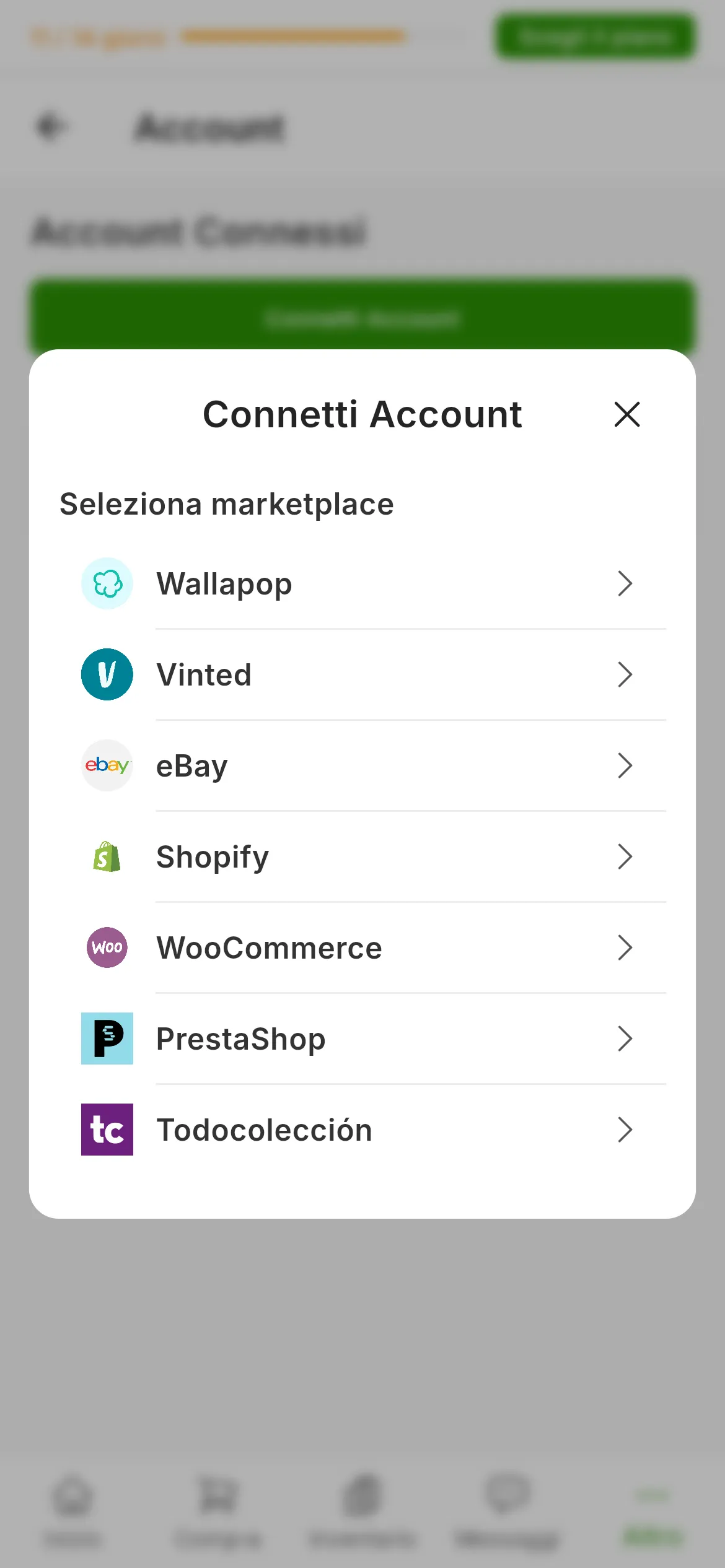 Il selettore del marketplace che si apre premendo Connetti Account in RUIT, con sette opzioni: Wallapop, Vinted, eBay, Shopify, WooCommerce, PrestaShop e Todocolección