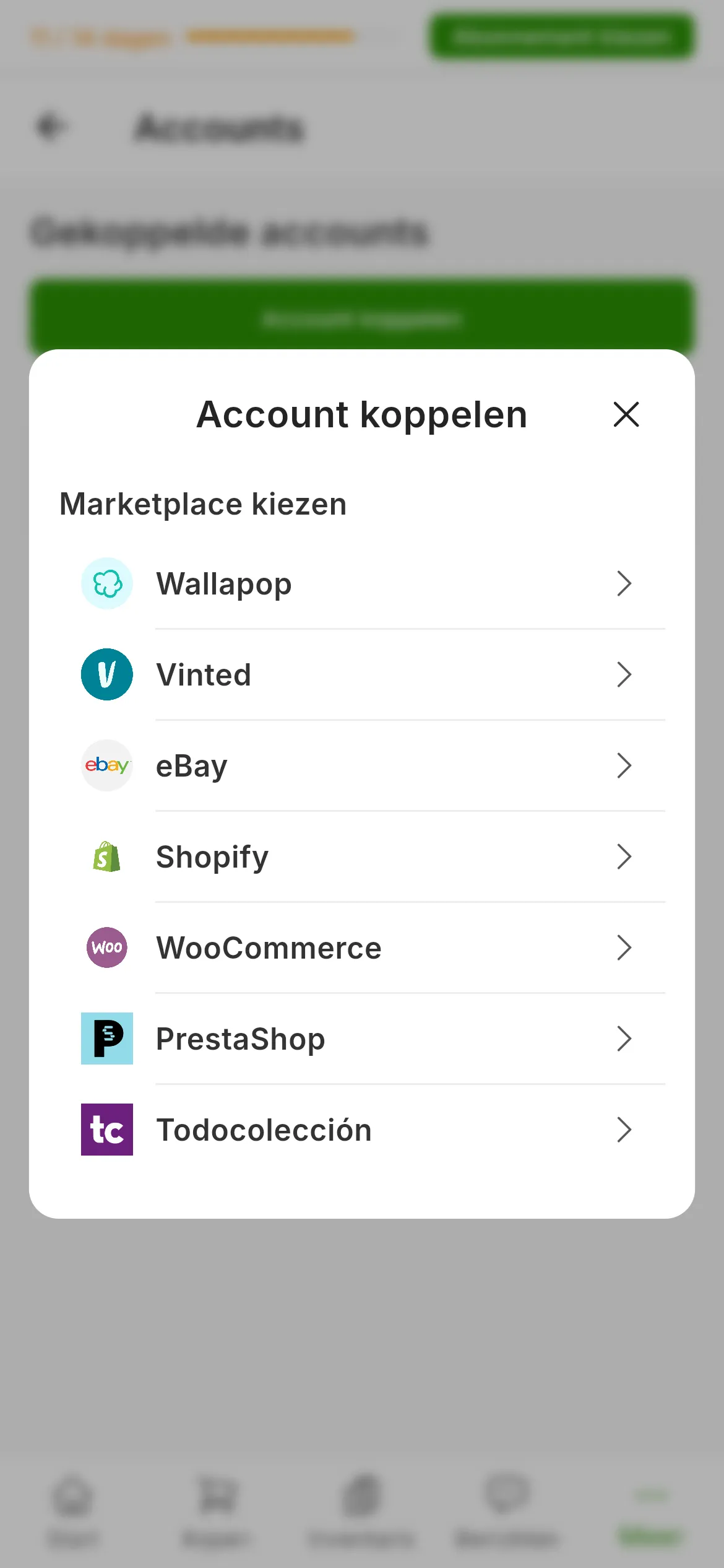 Het venster om een marketplace te kiezen dat opengaat als je in RUIT op Account koppelen drukt, met zeven opties: Wallapop, Vinted, eBay, Shopify, WooCommerce, PrestaShop en Todocolección