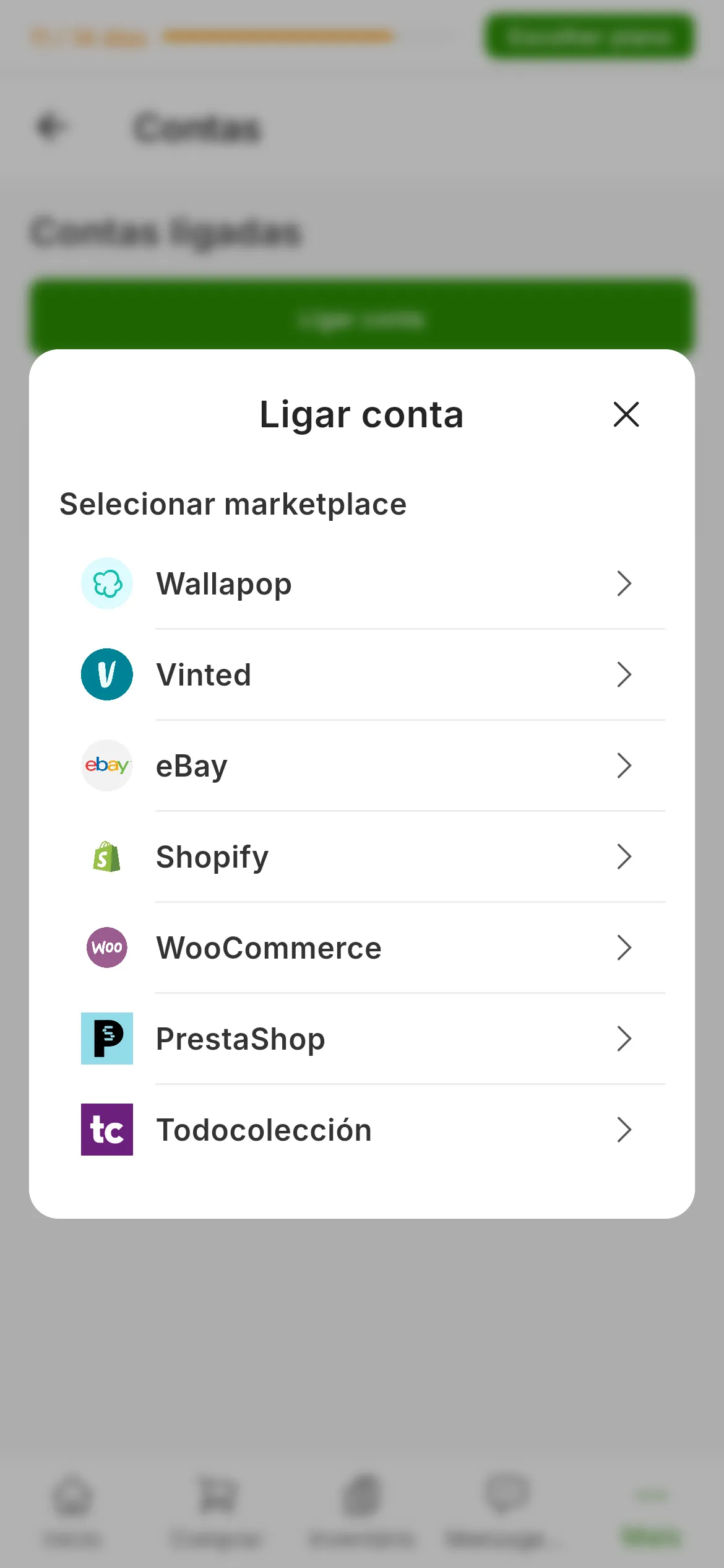 O seletor de marketplace que se abre ao carregar em Ligar conta no RUIT, com sete opções: Wallapop, Vinted, eBay, Shopify, WooCommerce, PrestaShop e Todocolección
