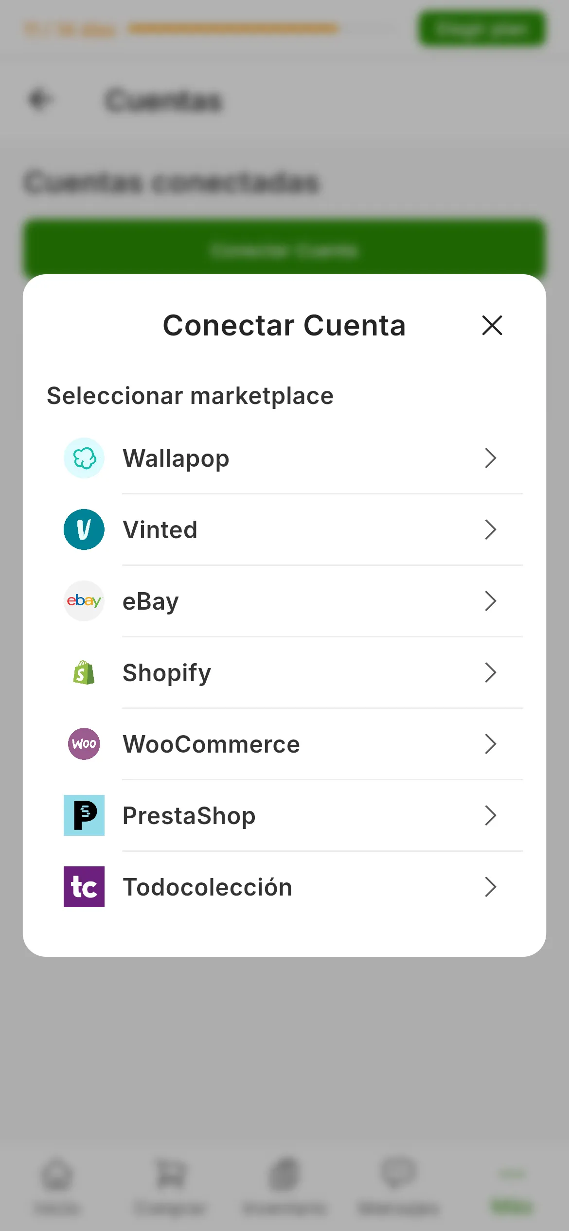 El selector de marketplace que se abre al pulsar Conectar Cuenta en RUIT, con siete opciones: Wallapop, Vinted, eBay, Shopify, WooCommerce, PrestaShop y Todocolección