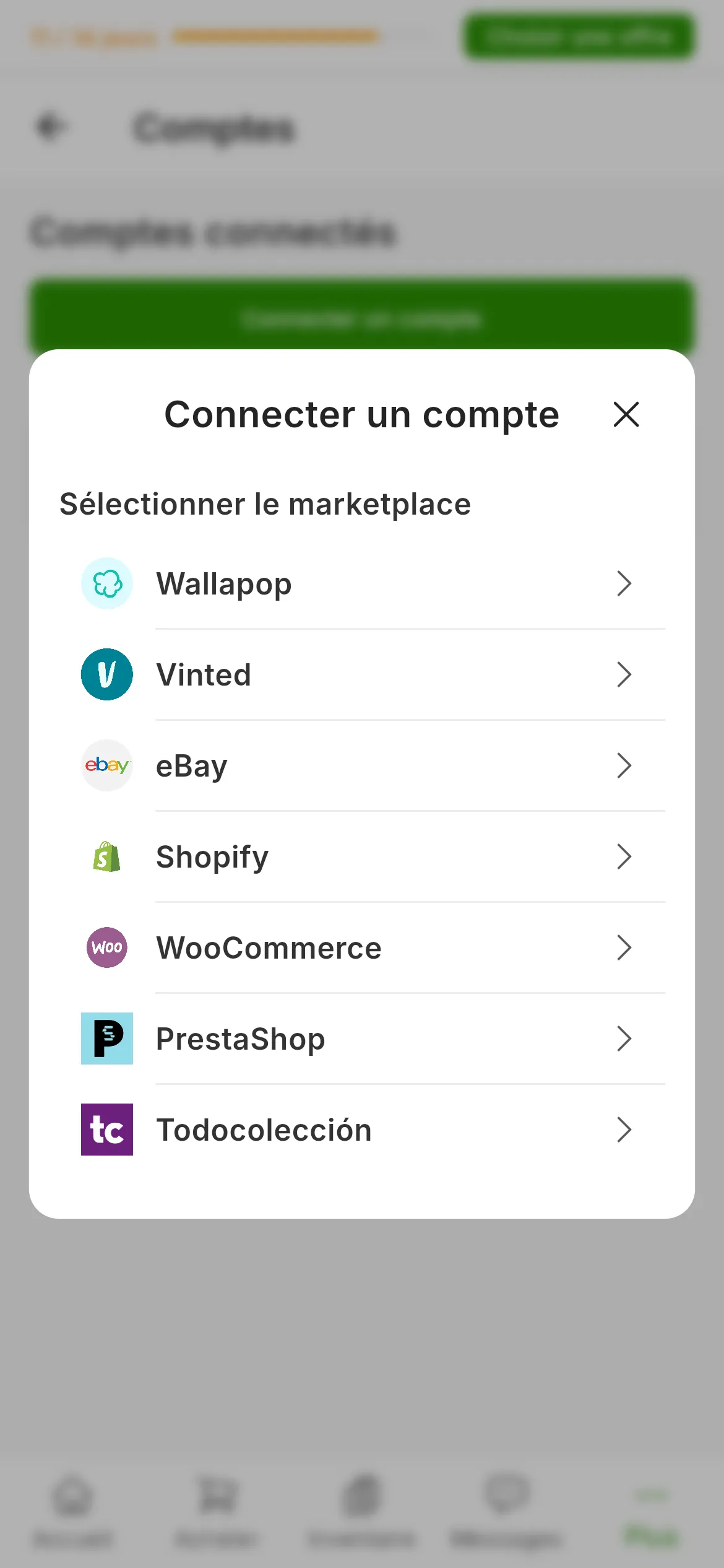 Le sélecteur de marketplace qui s'ouvre quand on appuie sur Connecter un compte dans RUIT, avec sept options : Wallapop, Vinted, eBay, Shopify, WooCommerce, PrestaShop et Todocolección