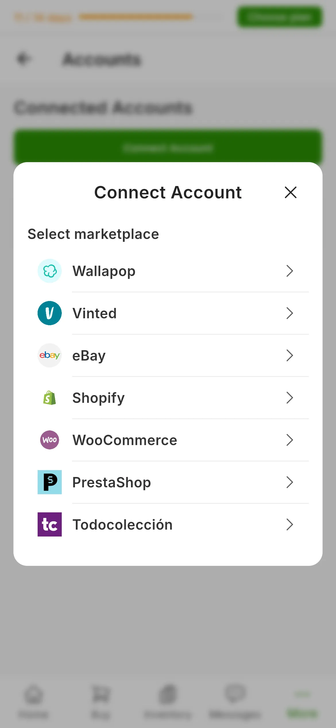 The marketplace selector that opens when you press Connect Account in RUIT, with seven options: Wallapop, Vinted, eBay, Shopify, WooCommerce, PrestaShop and Todocolección