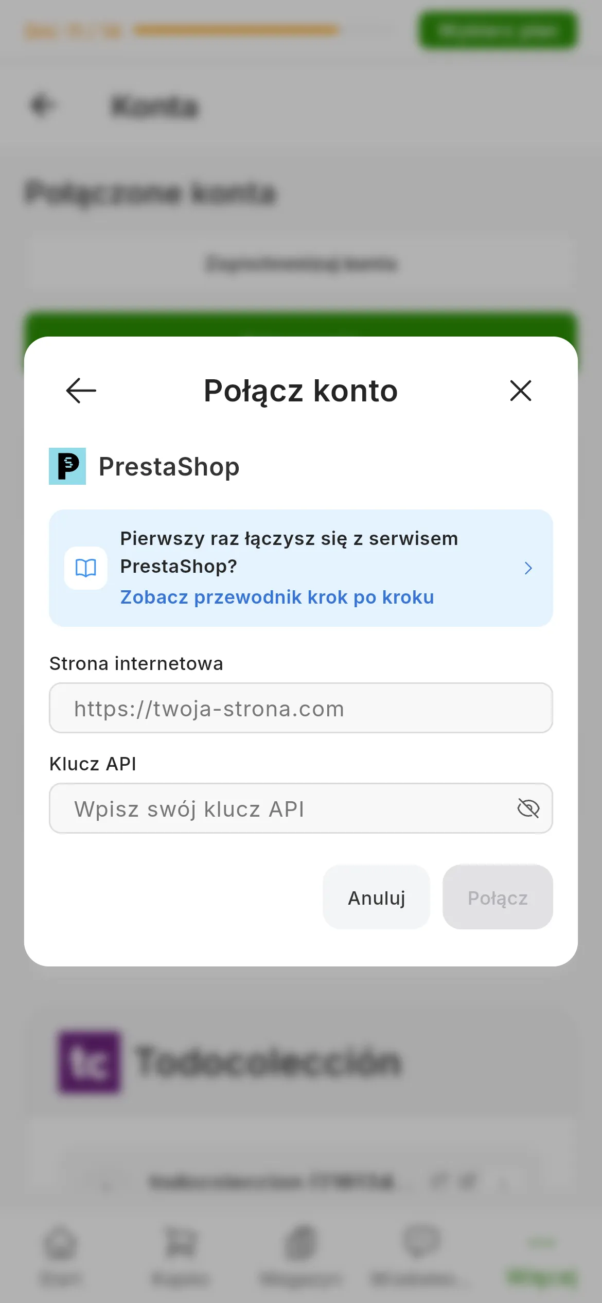 Okno łączenia z PrestaShop w RUIT: link do tego przewodnika, pole Strona internetowa, pole Klucz API z ikoną podglądu oraz przyciski anulowania i łączenia
