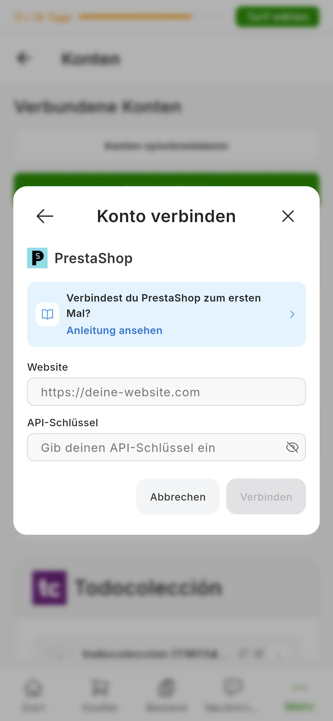 Der Dialog zum Verbinden von PrestaShop in RUIT: der Link zu dieser Anleitung, das Feld Website, das Feld API-Schlüssel mit dem Symbol zum Anzeigen und die Schaltflächen Abbrechen und Verbinden