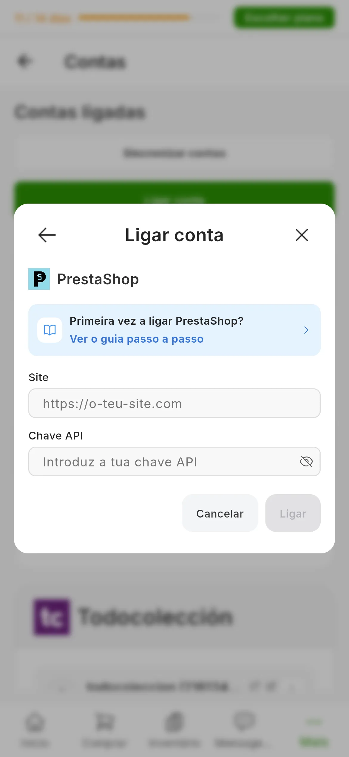 A janela de ligar o PrestaShop no RUIT: o atalho para este guia, o campo Site, o campo Chave API com o ícone para a mostrar e os botões de cancelar e ligar