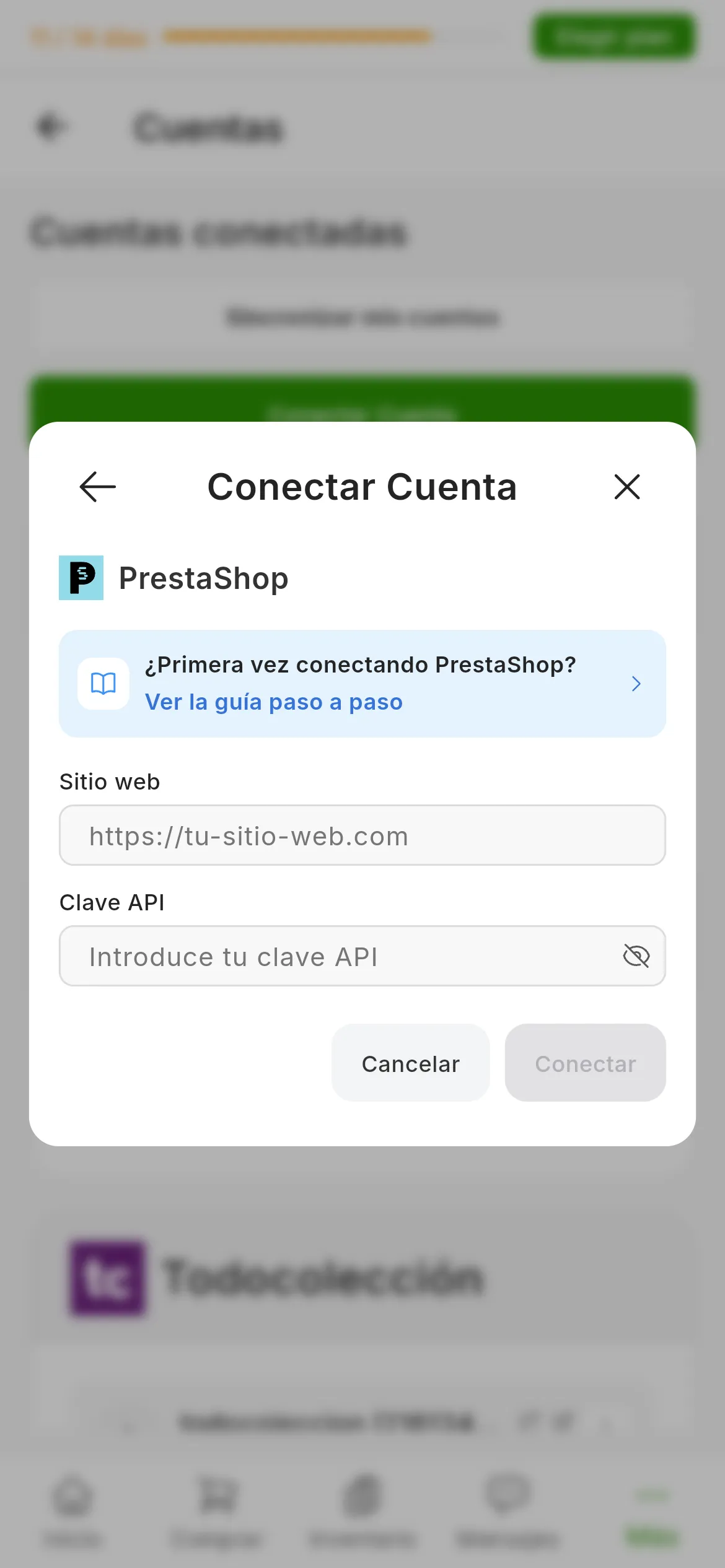 El diálogo de conectar PrestaShop en RUIT: el enlace a esta guía, el campo Sitio web, el campo Clave API con el icono de mostrarla y los botones de cancelar y conectar