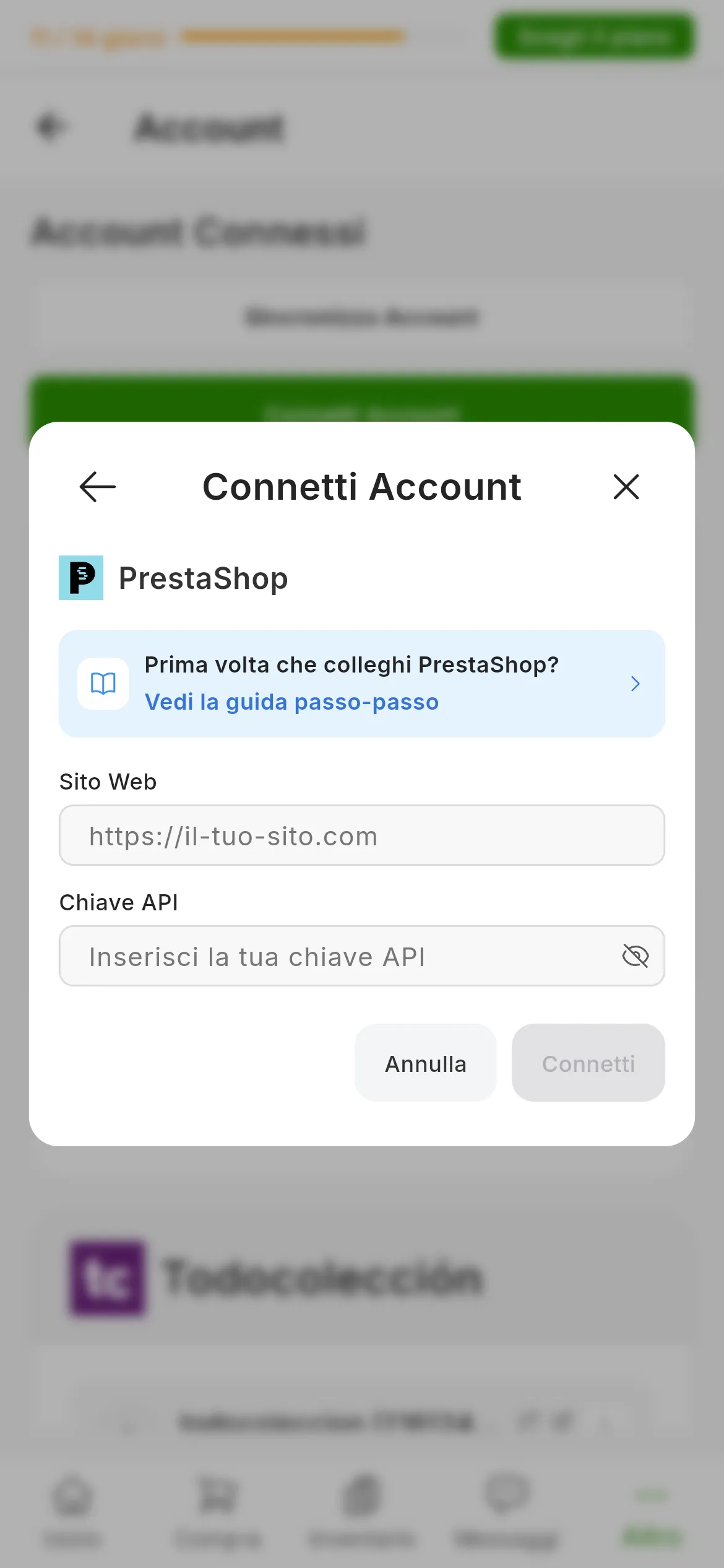 La finestra per collegare PrestaShop in RUIT: il link a questa guida, il campo Sito Web, il campo Chiave API con l'icona per mostrarla e i pulsanti per annullare e connettersi