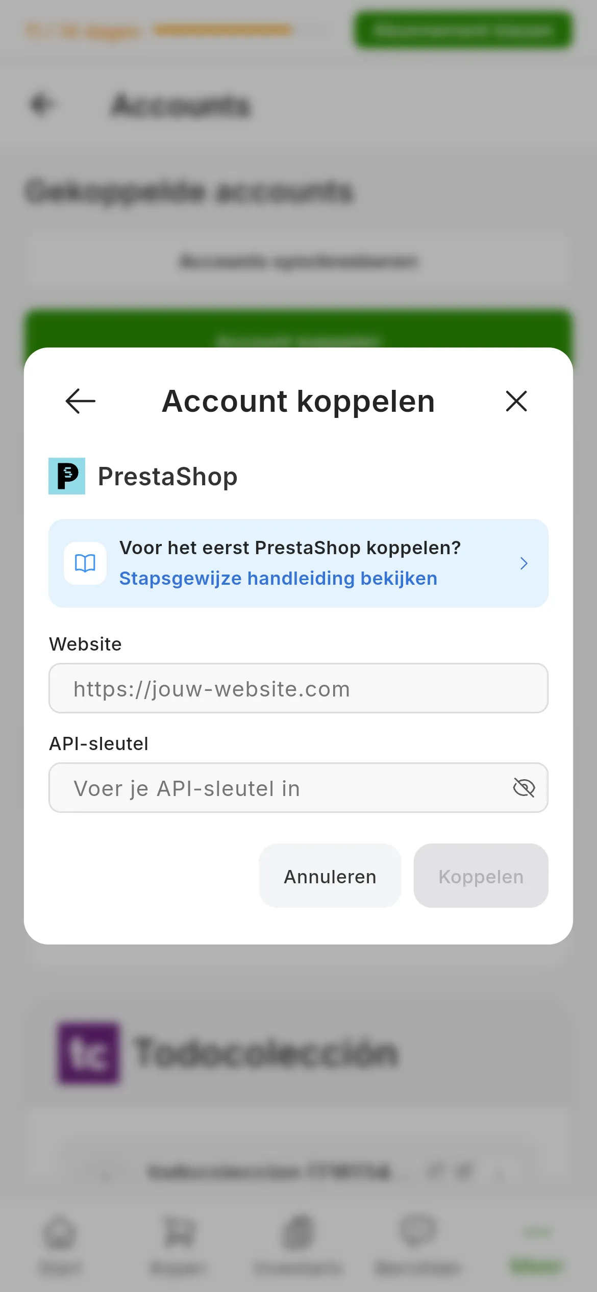 Het venster om PrestaShop te koppelen in RUIT: de link naar deze handleiding, het veld Website, het veld API-sleutel met het icoon om de sleutel te tonen en de knoppen om te annuleren en te koppelen