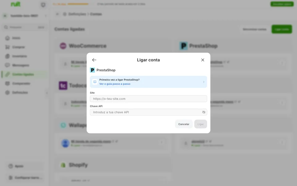Ecrã da app Ruit para ligar uma conta PrestaShop