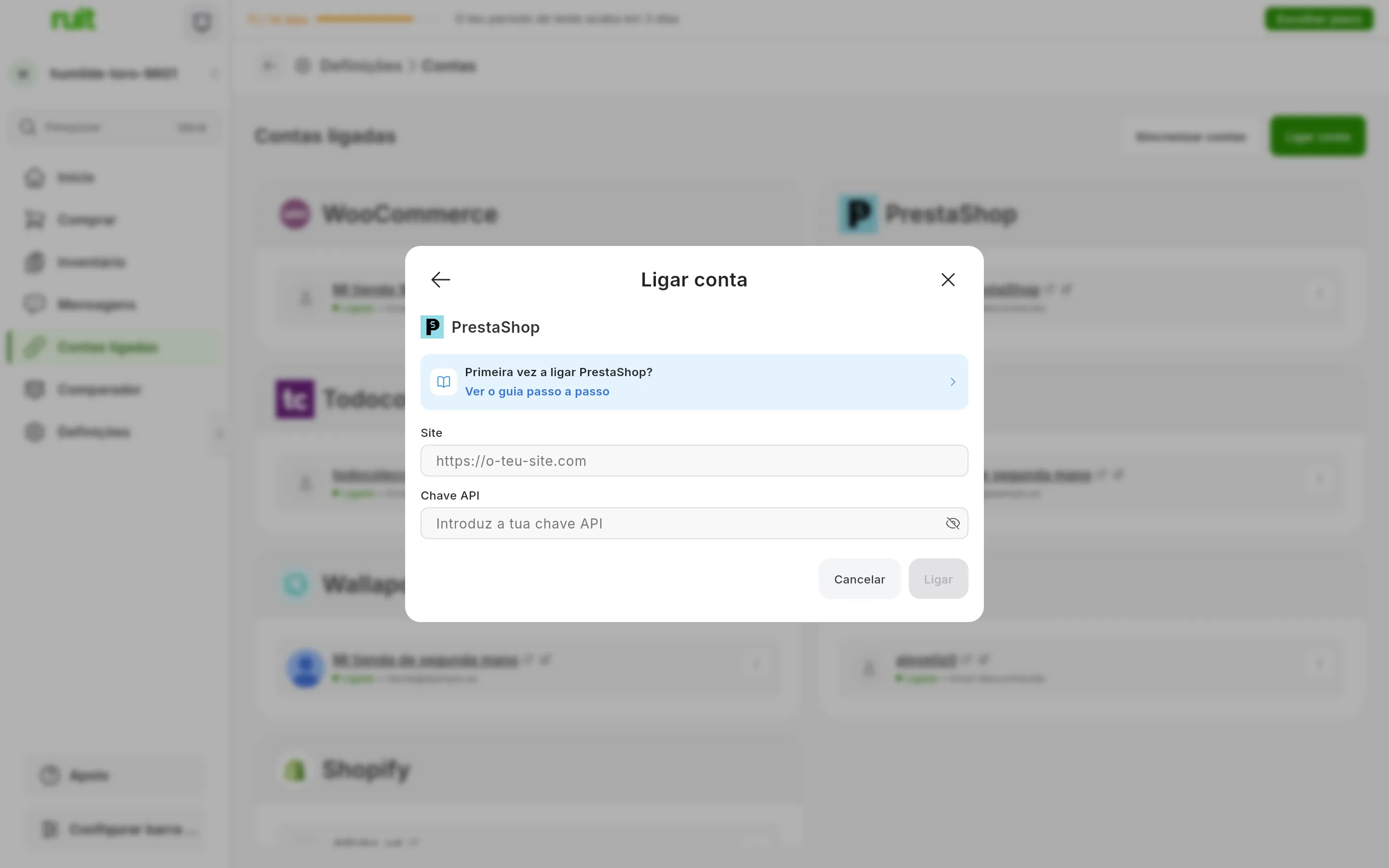 A janela de ligar o PrestaShop no RUIT: o atalho para este guia, o campo Site, o campo Chave API com o ícone para a mostrar e os botões de cancelar e ligar