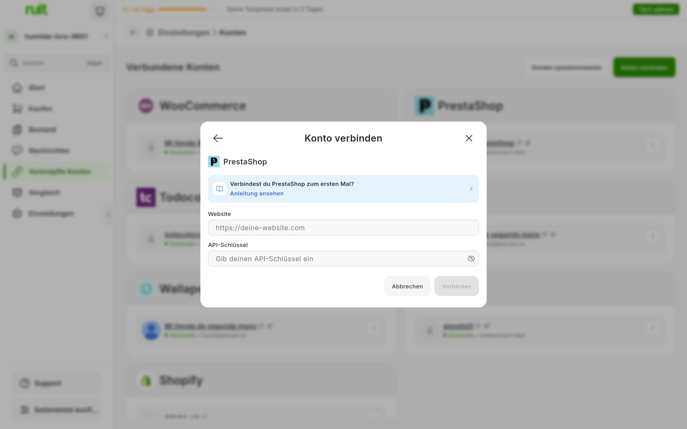 Der Dialog zum Verbinden von PrestaShop in RUIT: der Link zu dieser Anleitung, das Feld Website, das Feld API-Schlüssel mit dem Symbol zum Anzeigen und die Schaltflächen Abbrechen und Verbinden