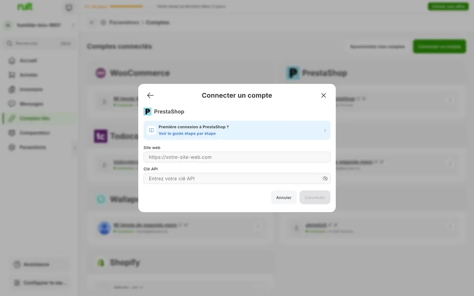 Écran de l'app Ruit pour connecter un compte PrestaShop