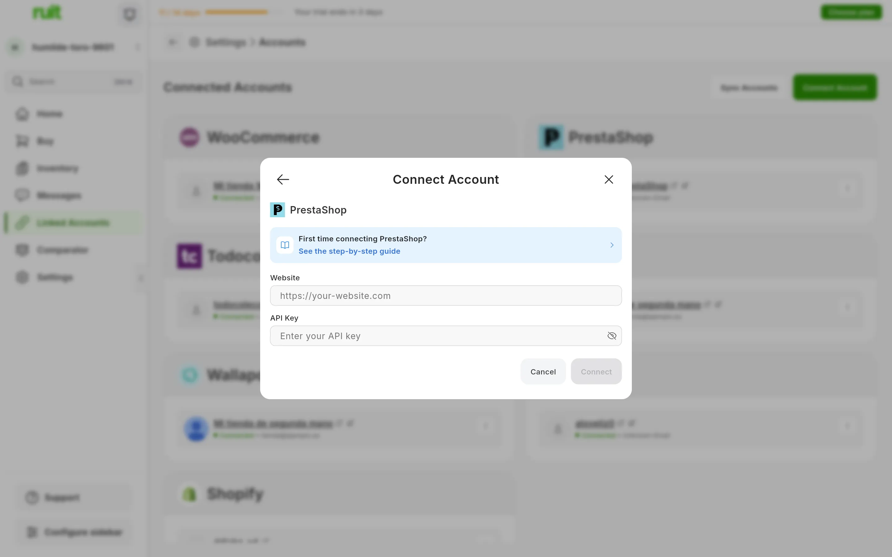 The dialog for connecting PrestaShop in RUIT: the link to this guide, the Website field, the API Key field with the icon for showing it, and the cancel and connect buttons