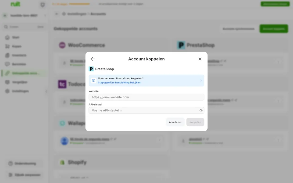 Scherm van de Ruit-app om een PrestaShop-account te koppelen
