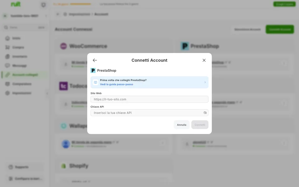 Schermata dell'app Ruit per collegare un account PrestaShop
