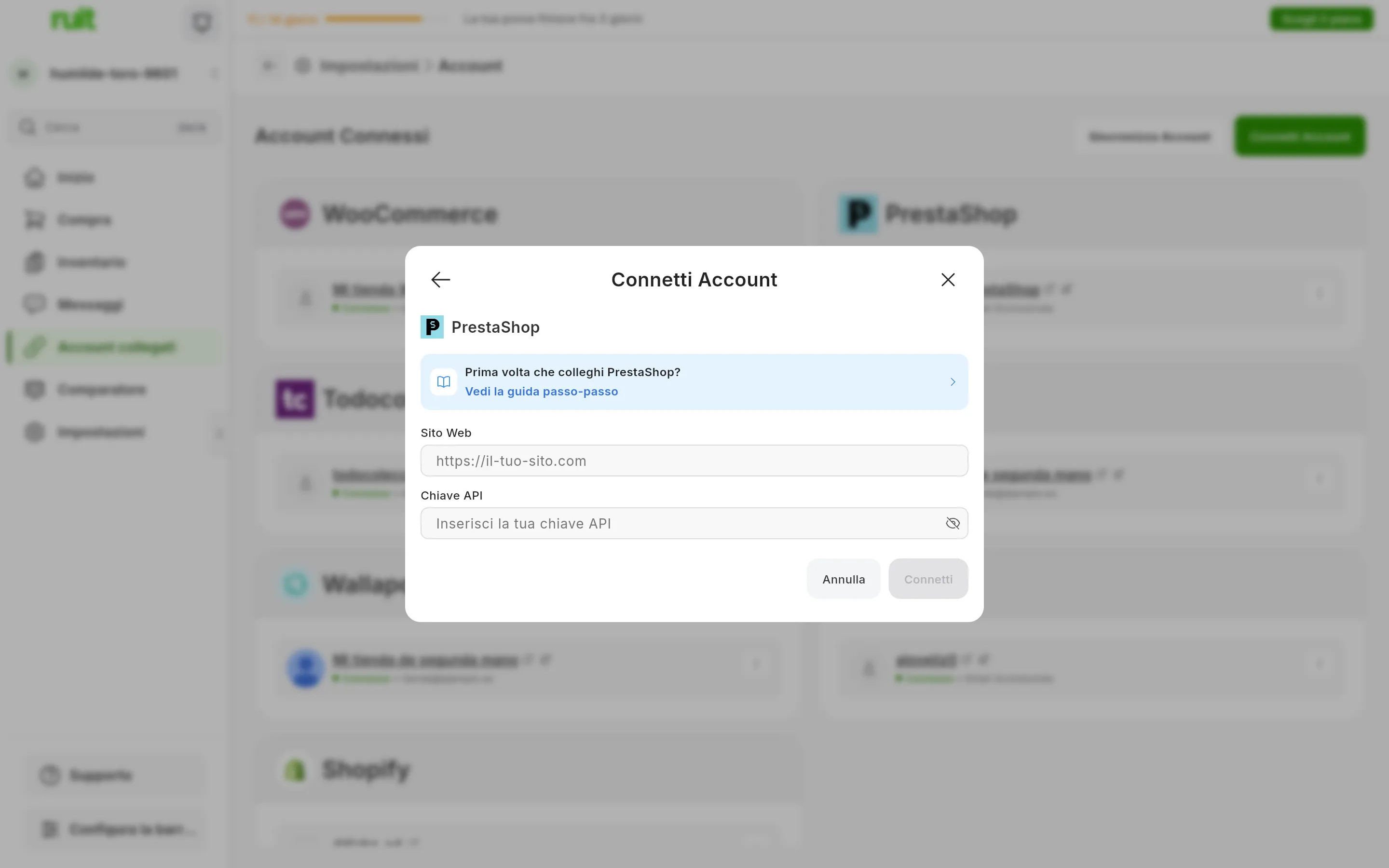 La finestra per collegare PrestaShop in RUIT: il link a questa guida, il campo Sito Web, il campo Chiave API con l'icona per mostrarla e i pulsanti per annullare e connettersi