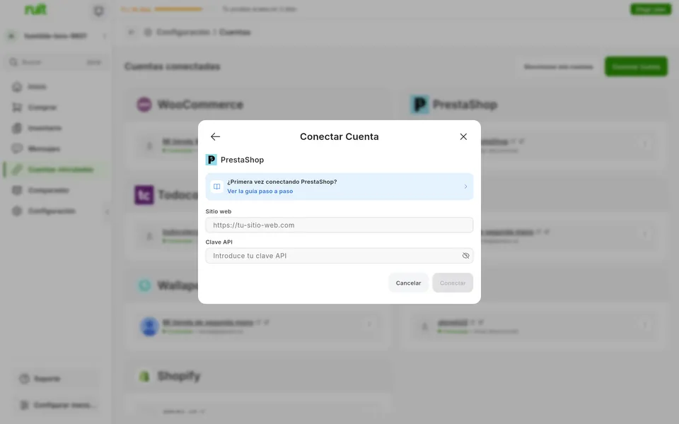 Pantalla de la app de Ruit para conectar una cuenta de PrestaShop