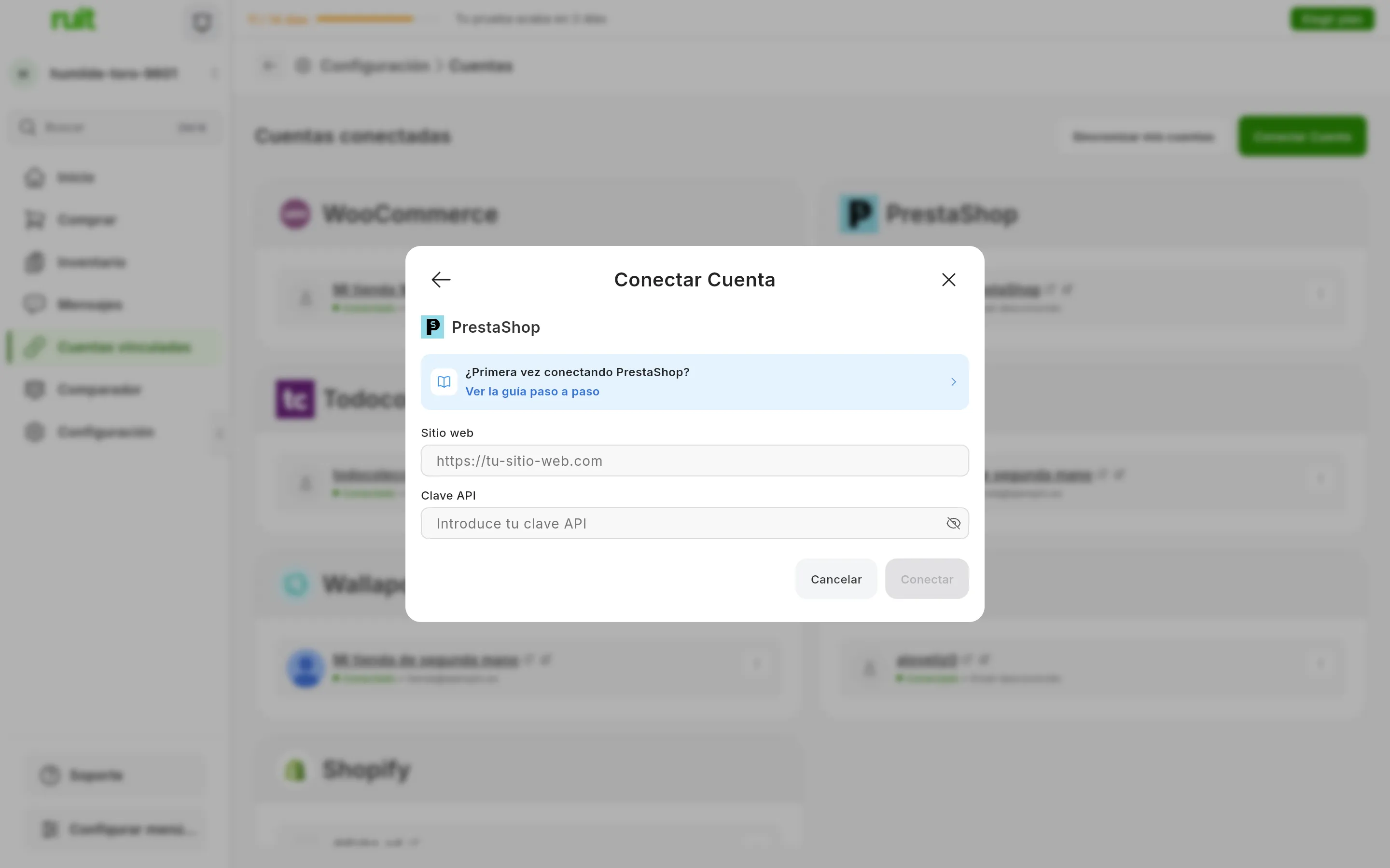 El diálogo de conectar PrestaShop en RUIT: el enlace a esta guía, el campo Sitio web, el campo Clave API con el icono de mostrarla y los botones de cancelar y conectar