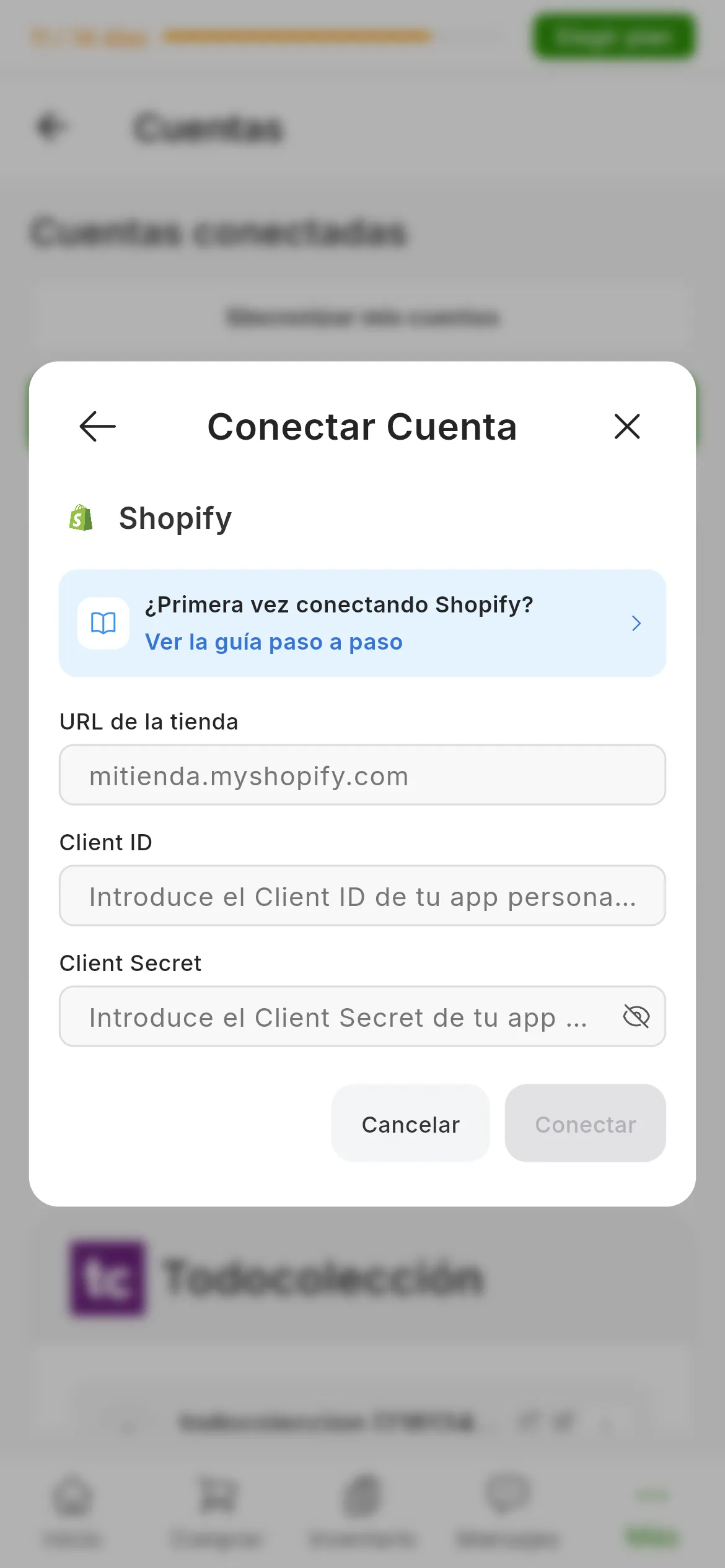 El diálogo de conectar Shopify en RUIT: el enlace a esta guía, los campos de la URL de la tienda, el identificador y el secreto de la app, y los botones de cancelar y conectar
