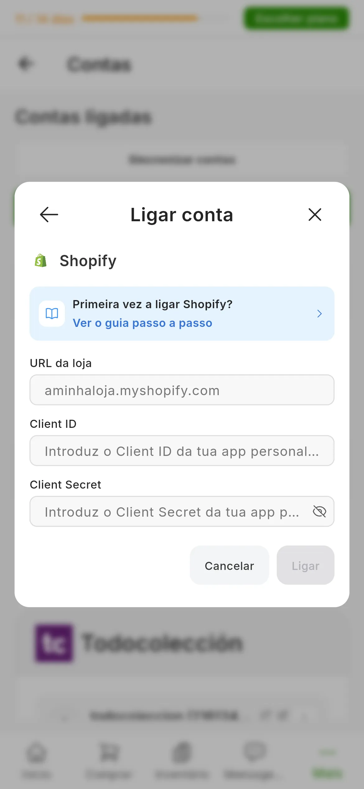 A janela de ligar o Shopify no RUIT: o atalho para este guia, os campos do URL da loja, do identificador e do segredo da app, e os botões de cancelar e ligar
