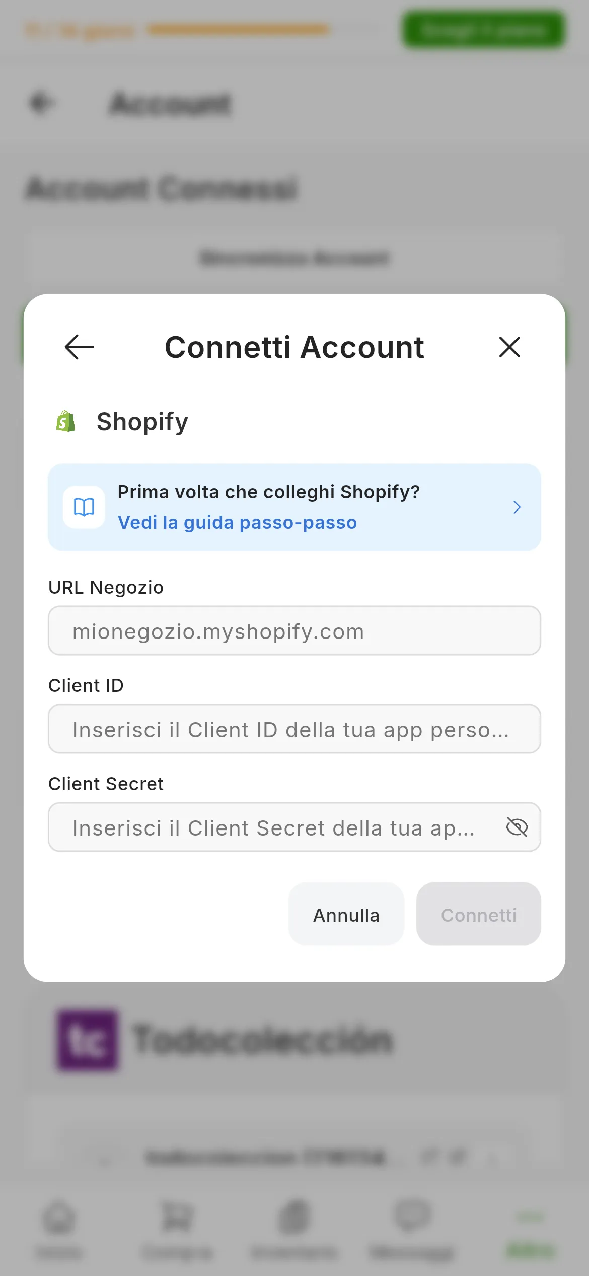 La finestra per collegare Shopify in RUIT: il link a questa guida, i campi dell'URL del negozio, dell'identificativo e del segreto dell'app, e i pulsanti per annullare e connettersi