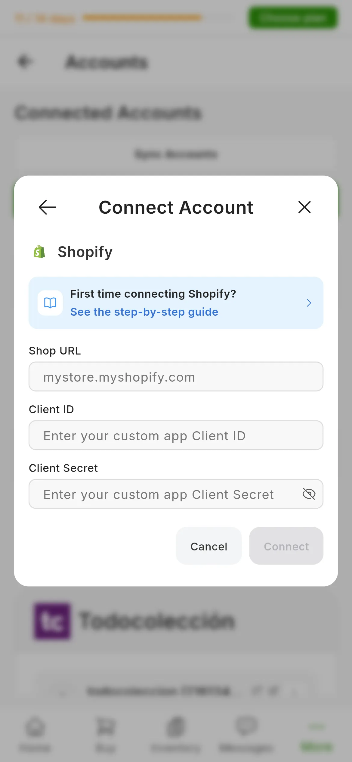 The dialog for connecting Shopify in RUIT: the link to this guide, the fields for the shop URL, the app's identifier and secret, and the cancel and connect buttons