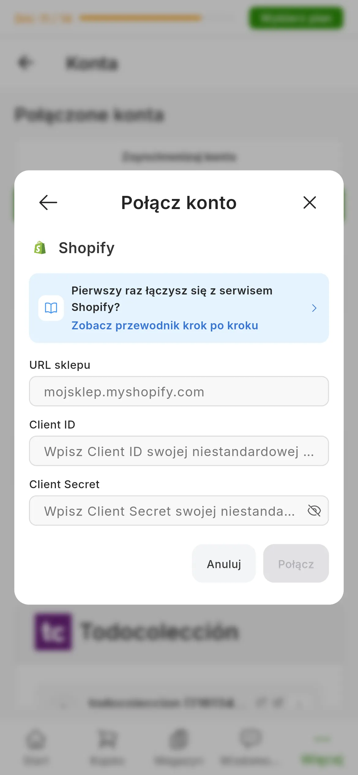 Okno łączenia z Shopify w RUIT: link do tego przewodnika, pola adresu URL sklepu, identyfikatora i sekretu aplikacji oraz przyciski anulowania i łączenia