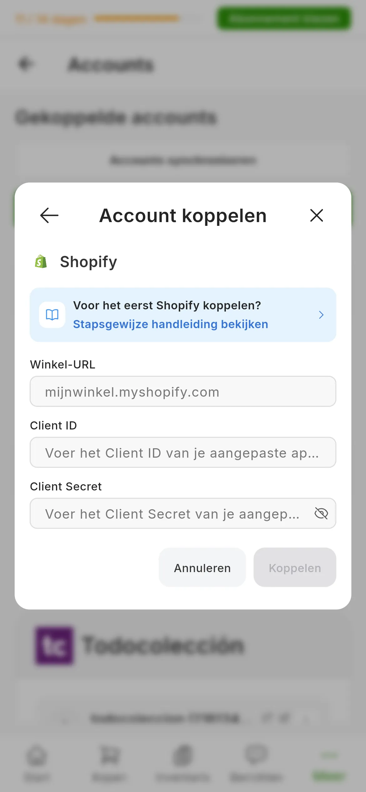 Het venster om Shopify te koppelen in RUIT: de link naar deze handleiding, de velden voor de winkel-URL, de ID en het geheim van de app, en de knoppen om te annuleren en te koppelen