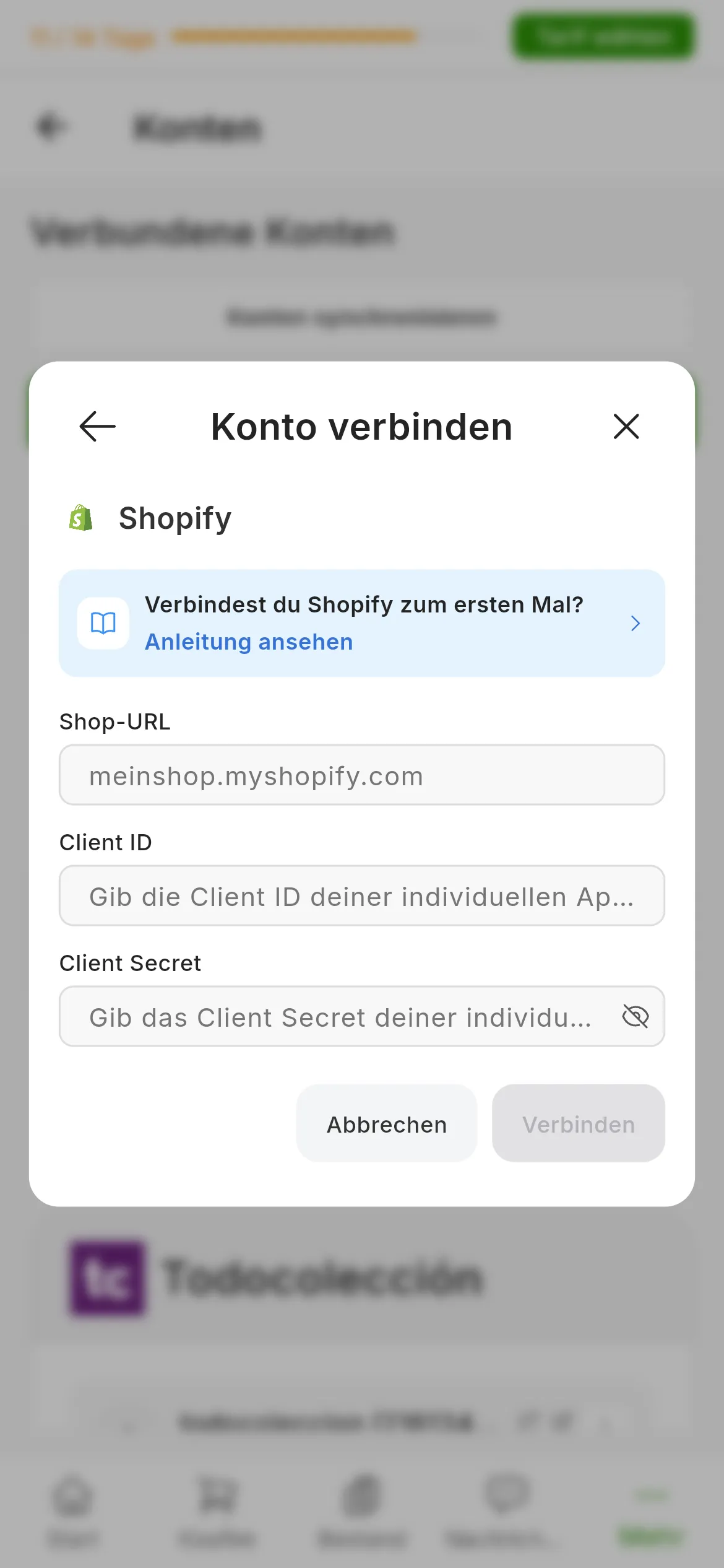 Der Dialog zum Verbinden von Shopify in RUIT: der Link zu dieser Anleitung, die Felder für die Shop-URL, die Kennung und das Secret der App und die Schaltflächen Abbrechen und Verbinden