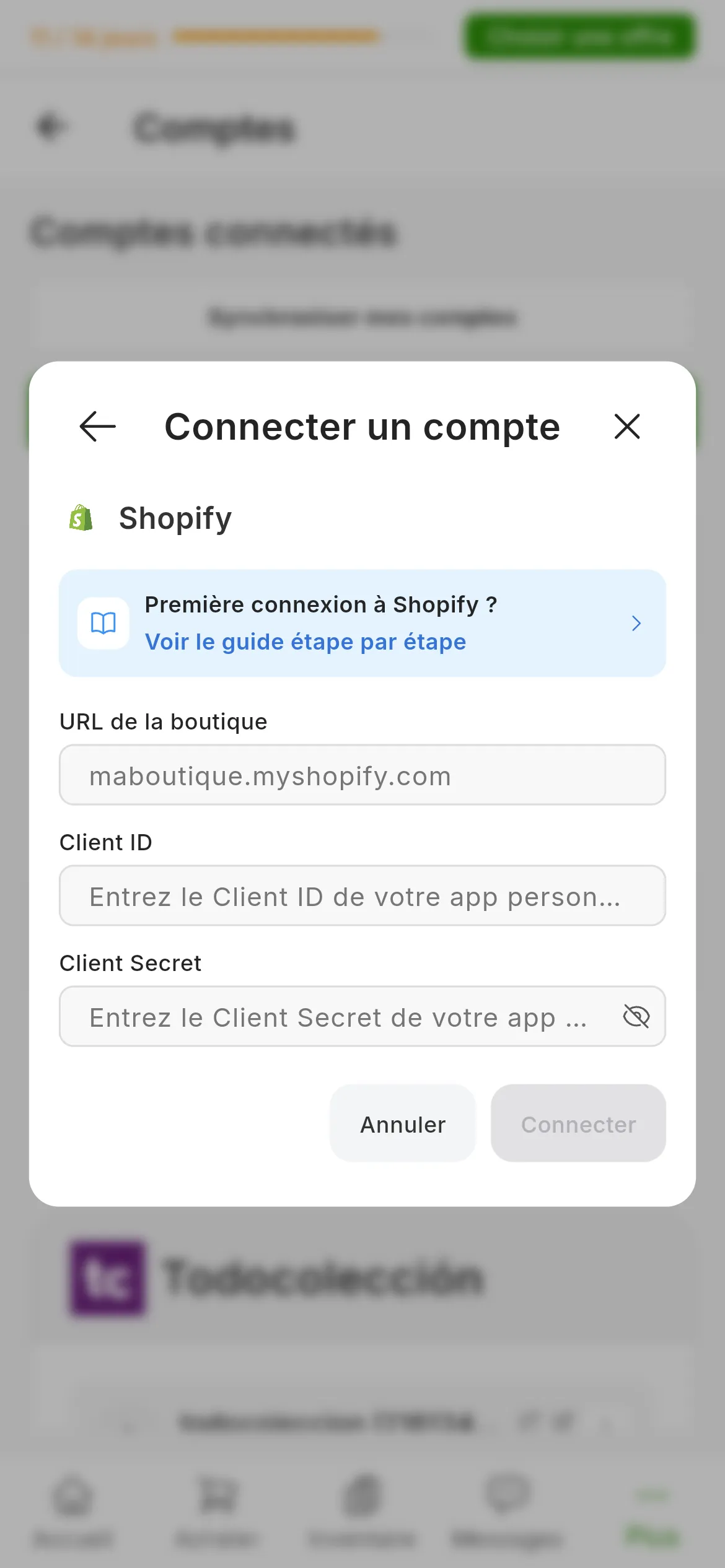 La fenêtre de connexion à Shopify dans RUIT : le lien vers ce guide, les champs de l'URL de la boutique, de l'identifiant et du secret de l'app, et les boutons pour annuler et connecter