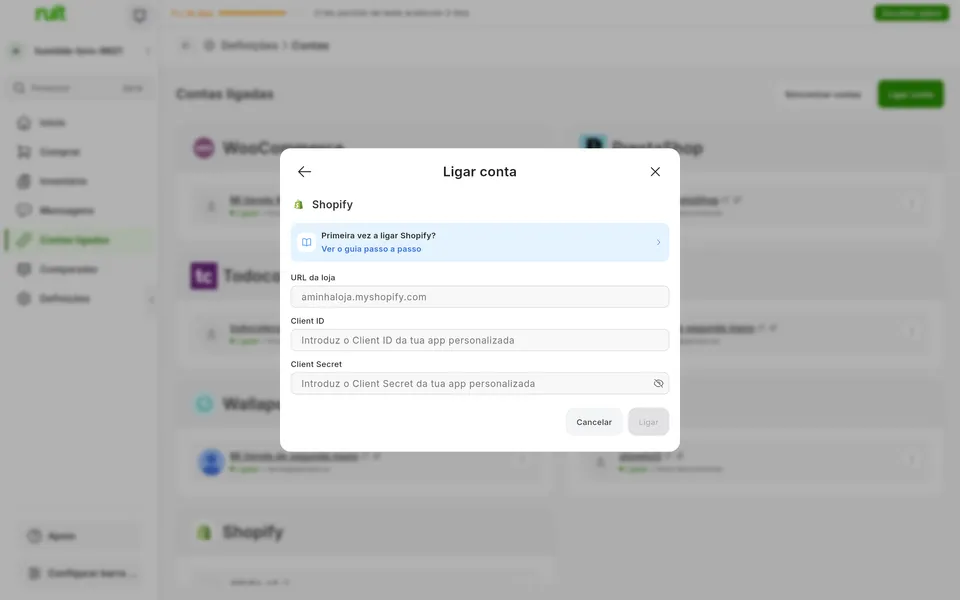 Ecrã da app Ruit para ligar uma conta Shopify